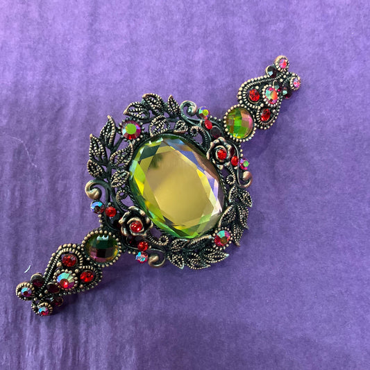 Vintage Butler and Wilson Large Mirror Crystal Hair Slide/ Barette, Rose gold tone , pink, green and red crystals