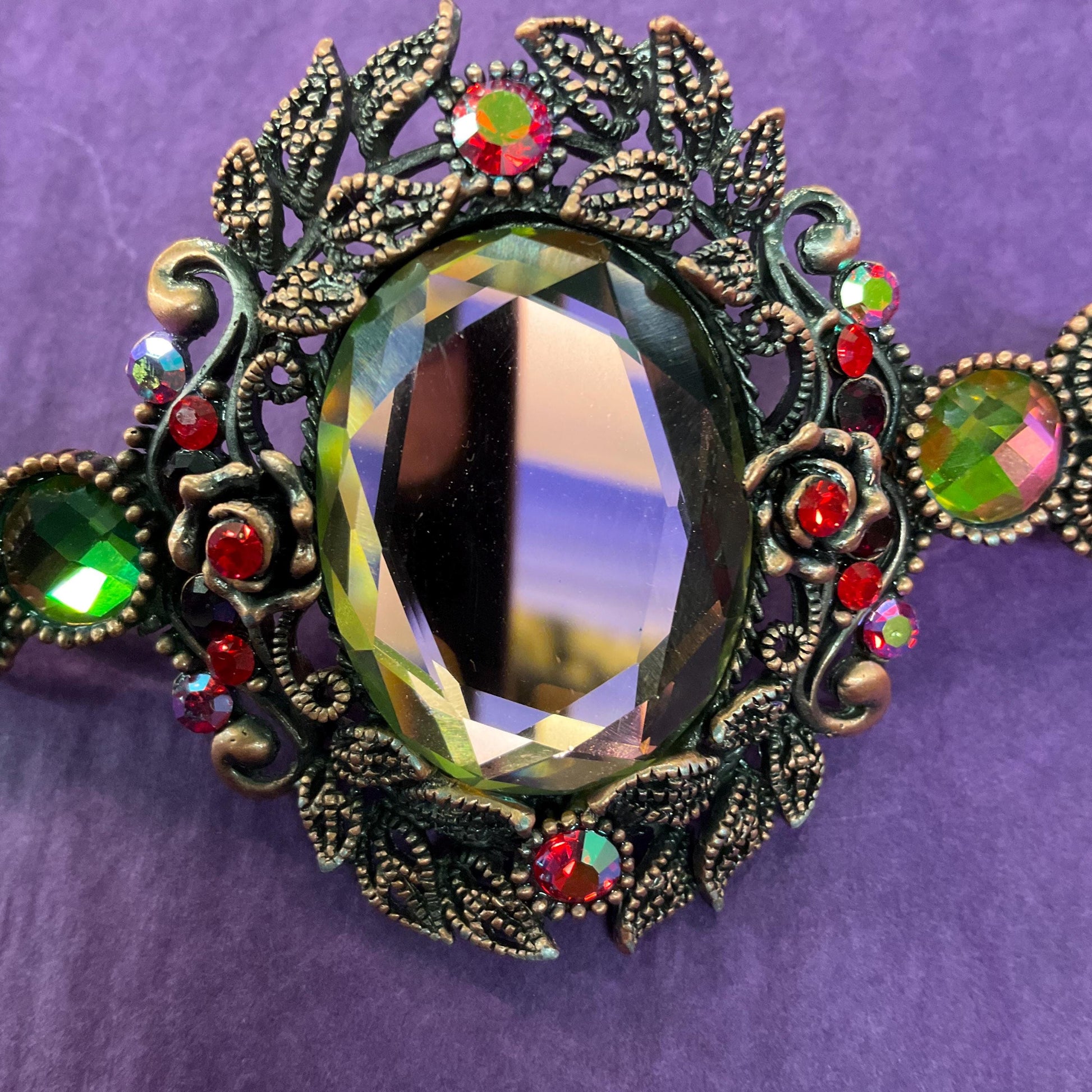 Vintage Butler and Wilson Large Mirror Crystal Hair Slide/ Barette, Rose gold tone , pink, green and red crystals