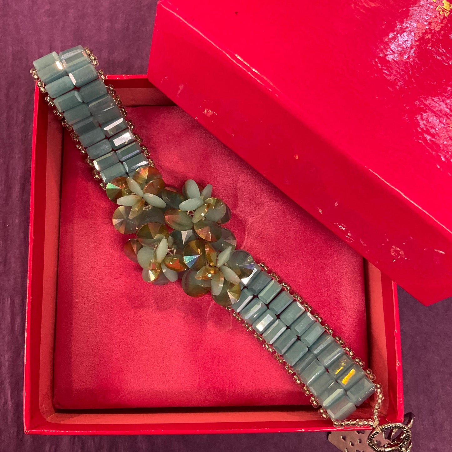 Vintage Butler and Wilson Turquoise and Gold Ombré Crystal Floral Bracelet, Signed in original box