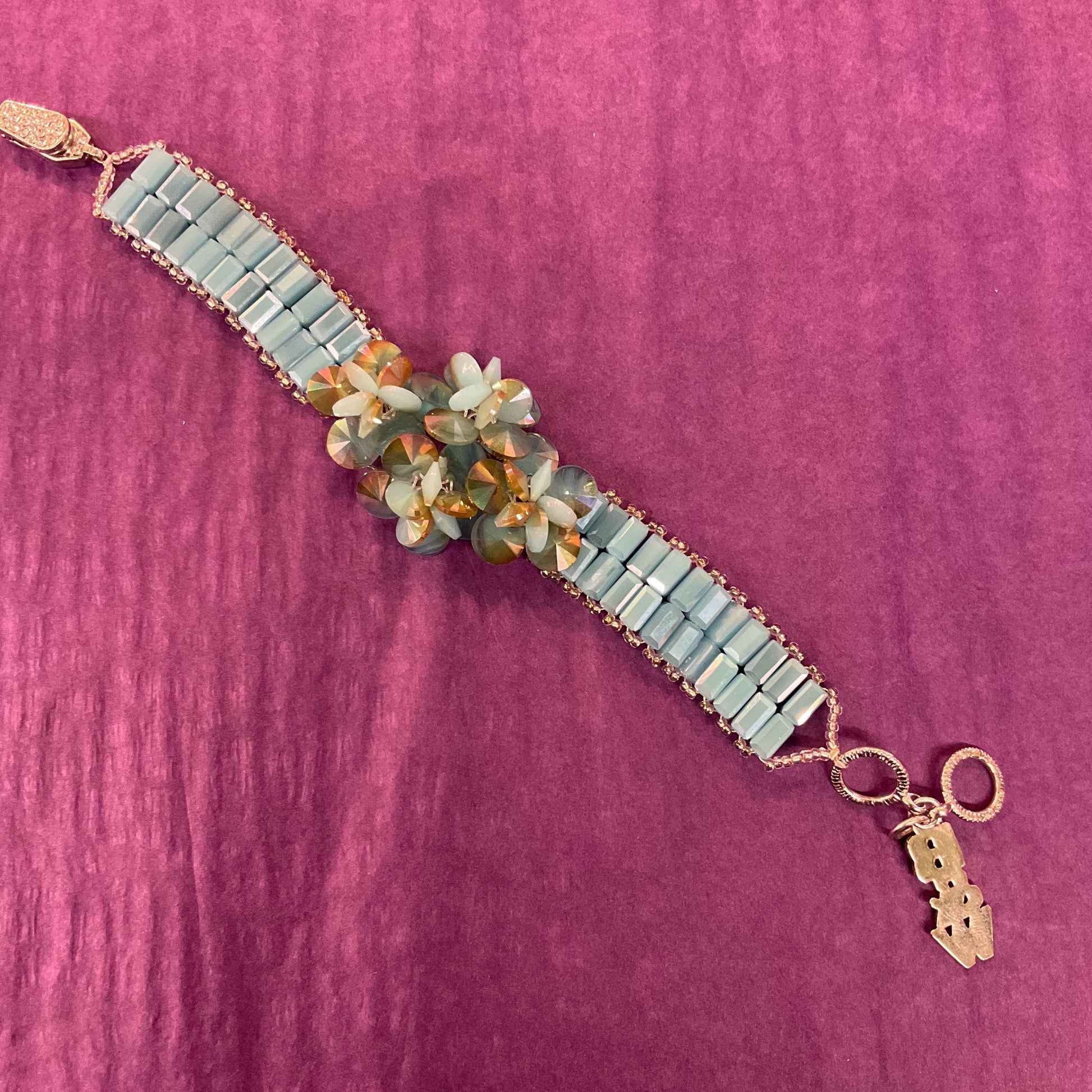 Vintage Butler and Wilson Turquoise and Gold Ombré Crystal Floral Bracelet, Signed in original box