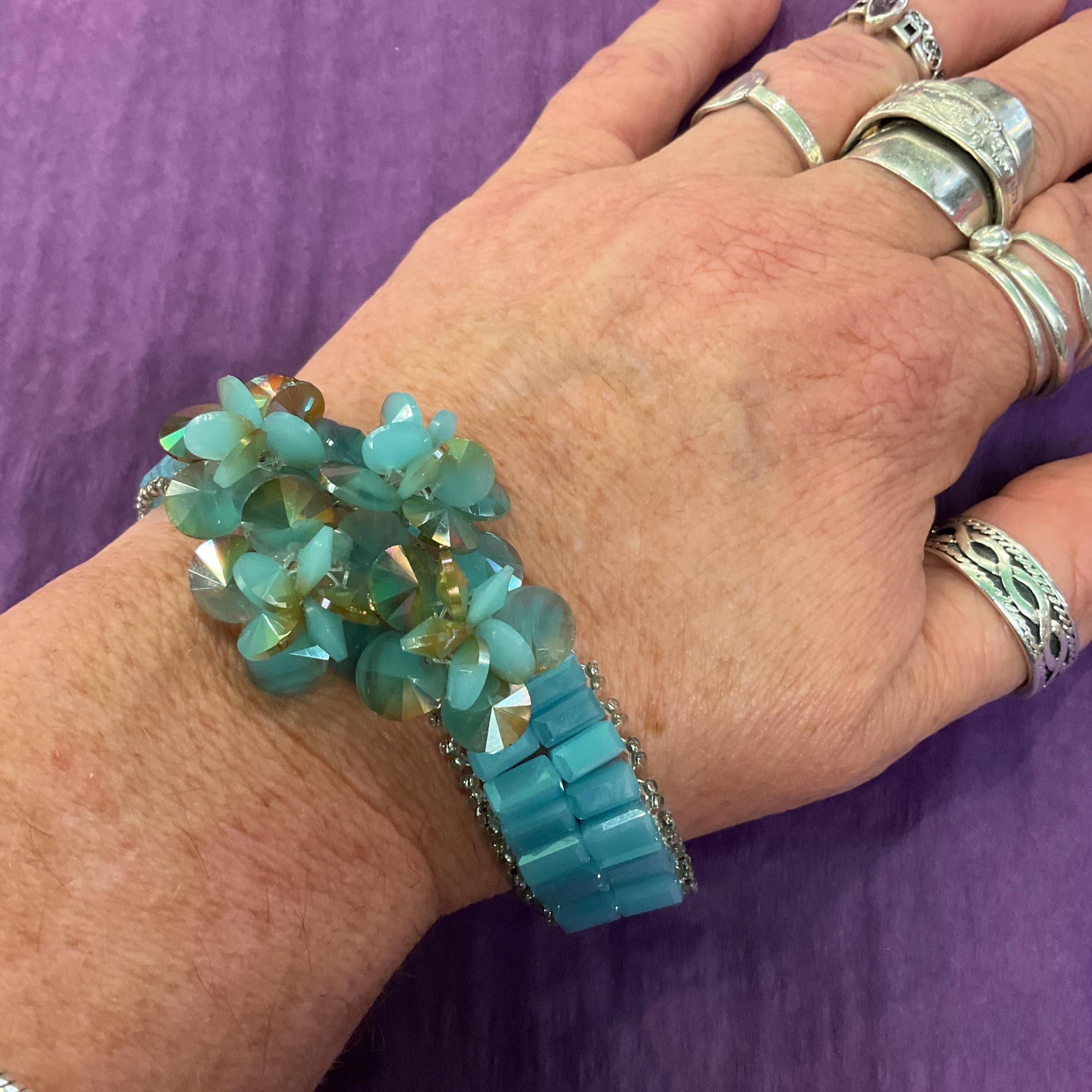 Vintage Butler and Wilson Turquoise and Gold Ombré Crystal Floral Bracelet, Signed in original box