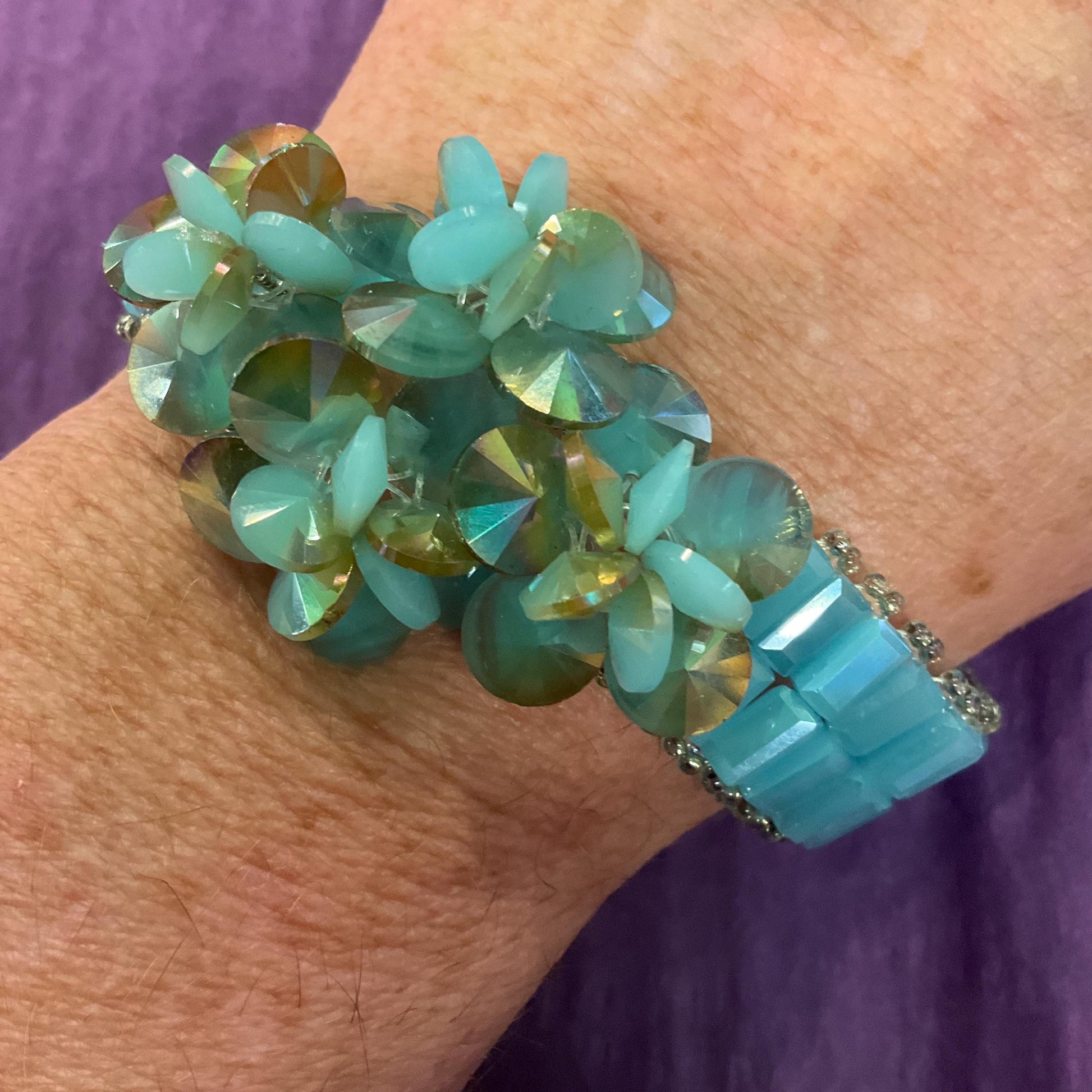 Vintage Butler and Wilson Turquoise and Gold Ombré Crystal Floral Bracelet, Signed in original box