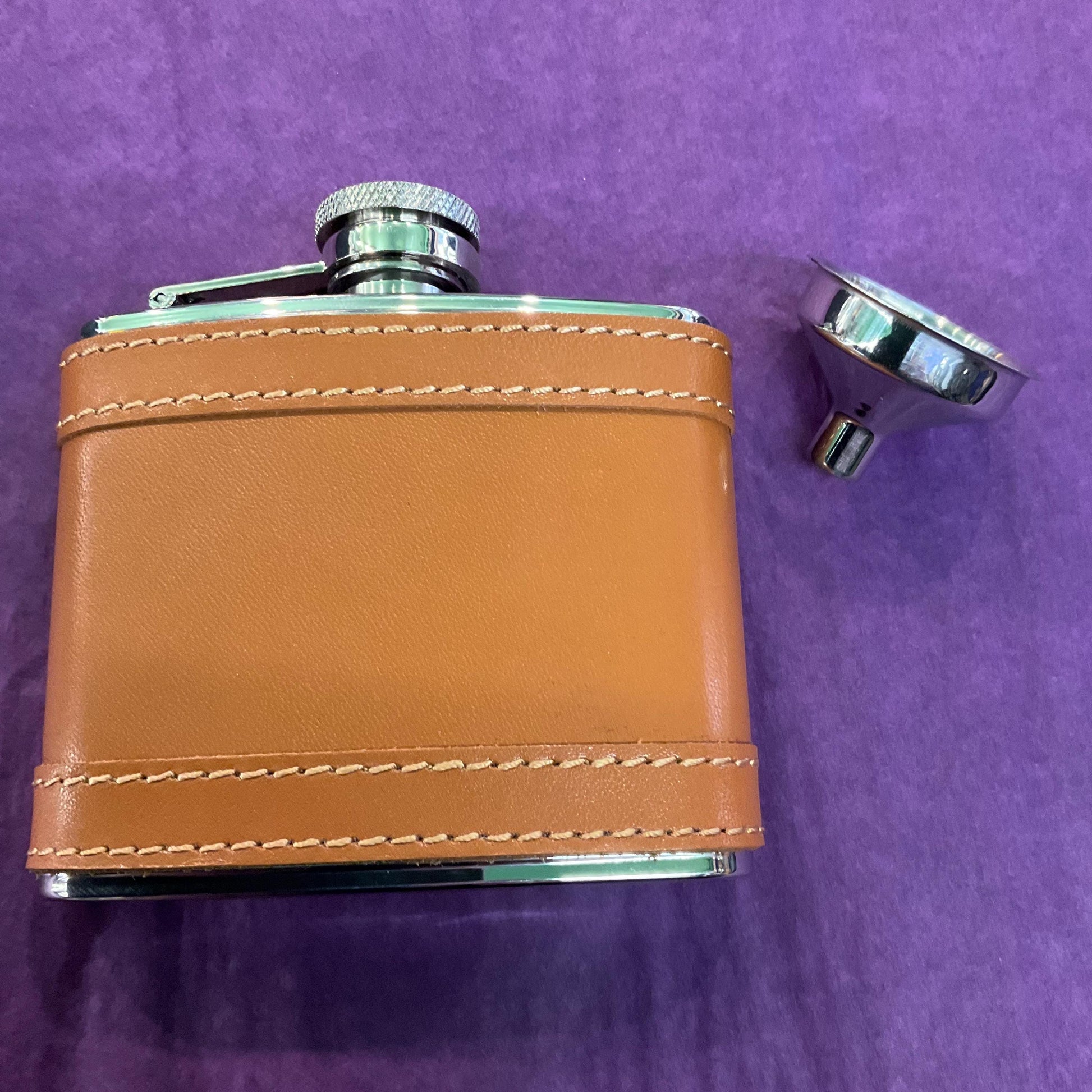 Vintage 4 oz Stainless Steel Hip Flask and Funnel, Tan leather Jacket, unused in original gift box