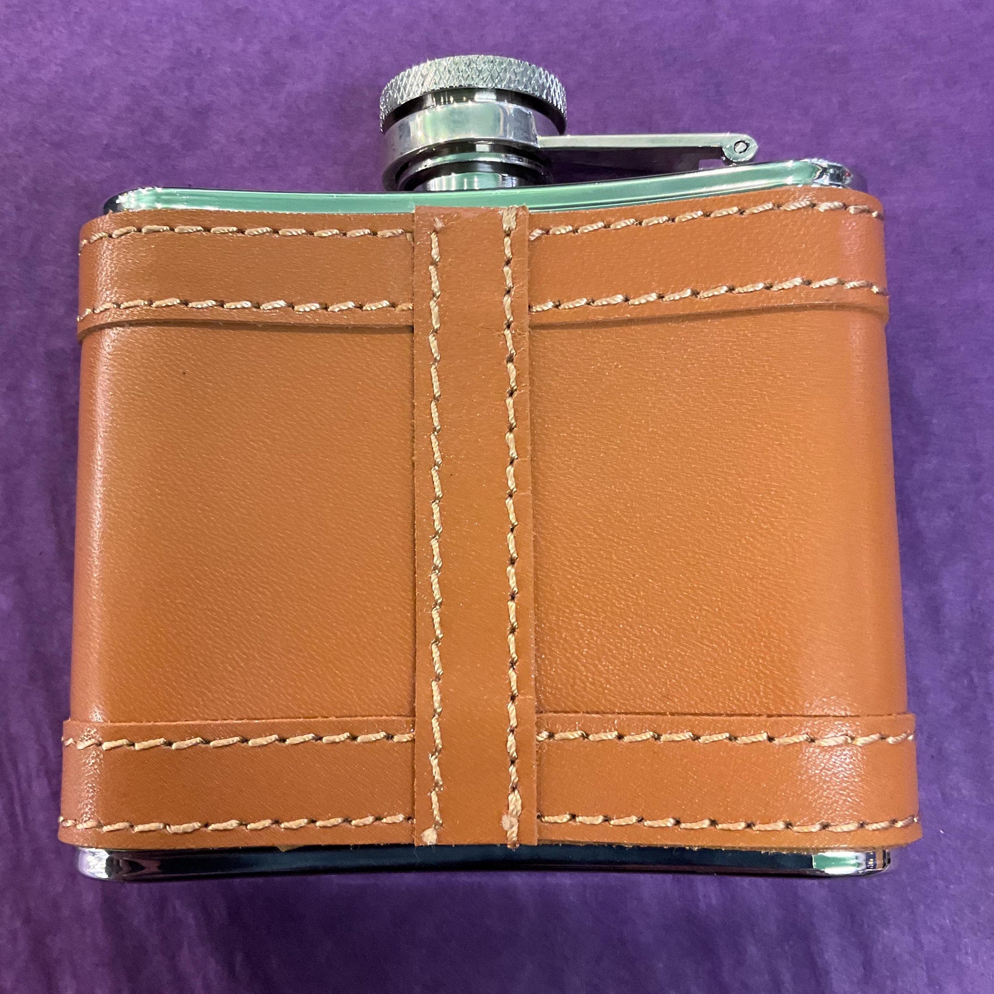 Vintage 4 oz Stainless Steel Hip Flask and Funnel, Tan leather Jacket, unused in original gift box
