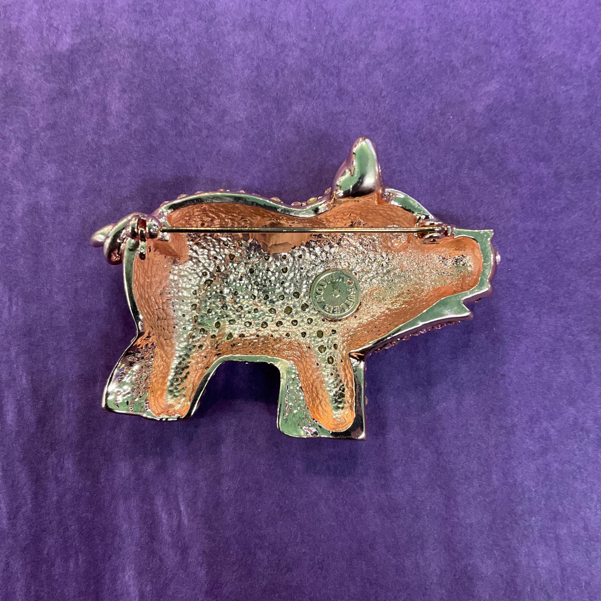 Vintage Butler and Wilson Large Pink Crystal Pig Brooch, Rose Gold tone with pink and red rhinestones