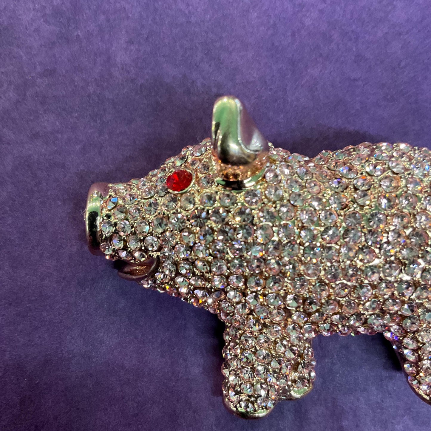 Vintage Butler and Wilson Large Pink Crystal Pig Brooch, Rose Gold tone with pink and red rhinestones