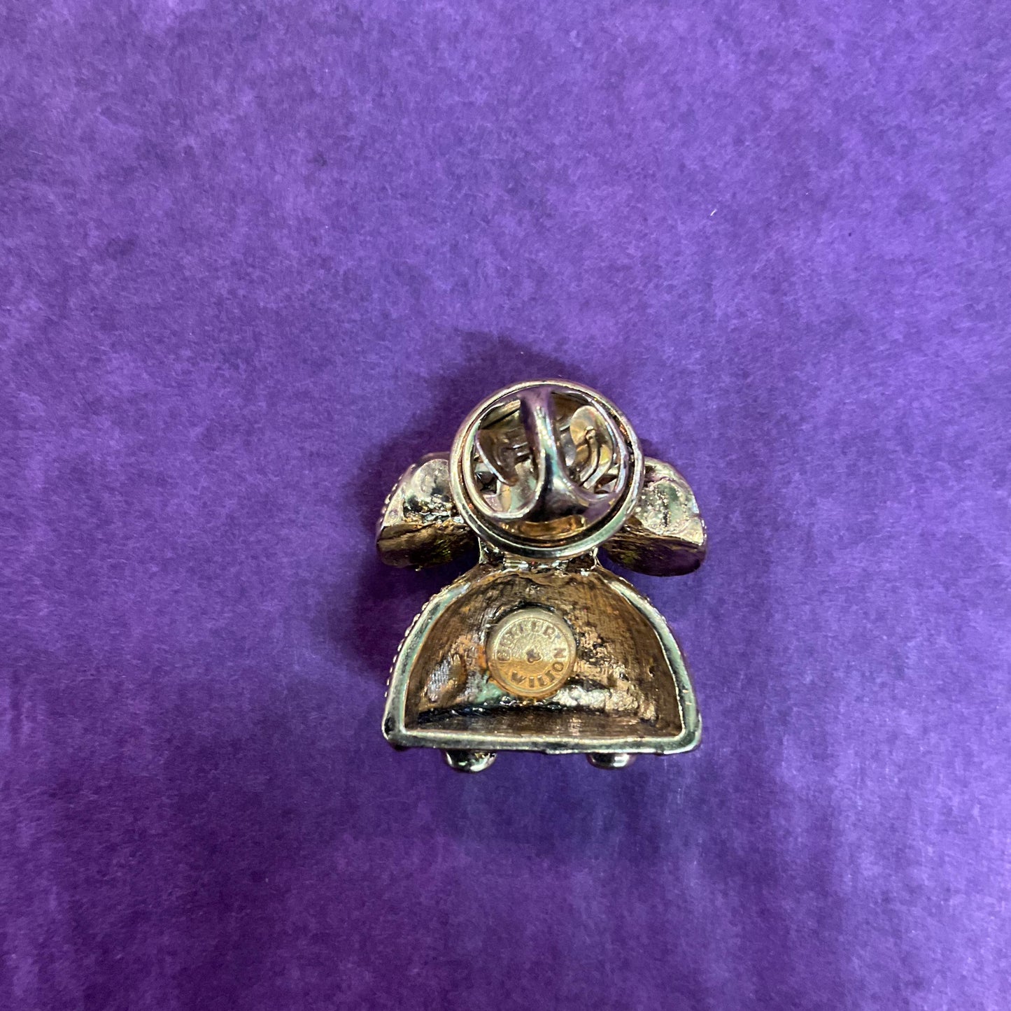 Vintage Butler and Wilson Green Crystal Telephone Lapel pin, Gold tone with silver and Green rhinestones