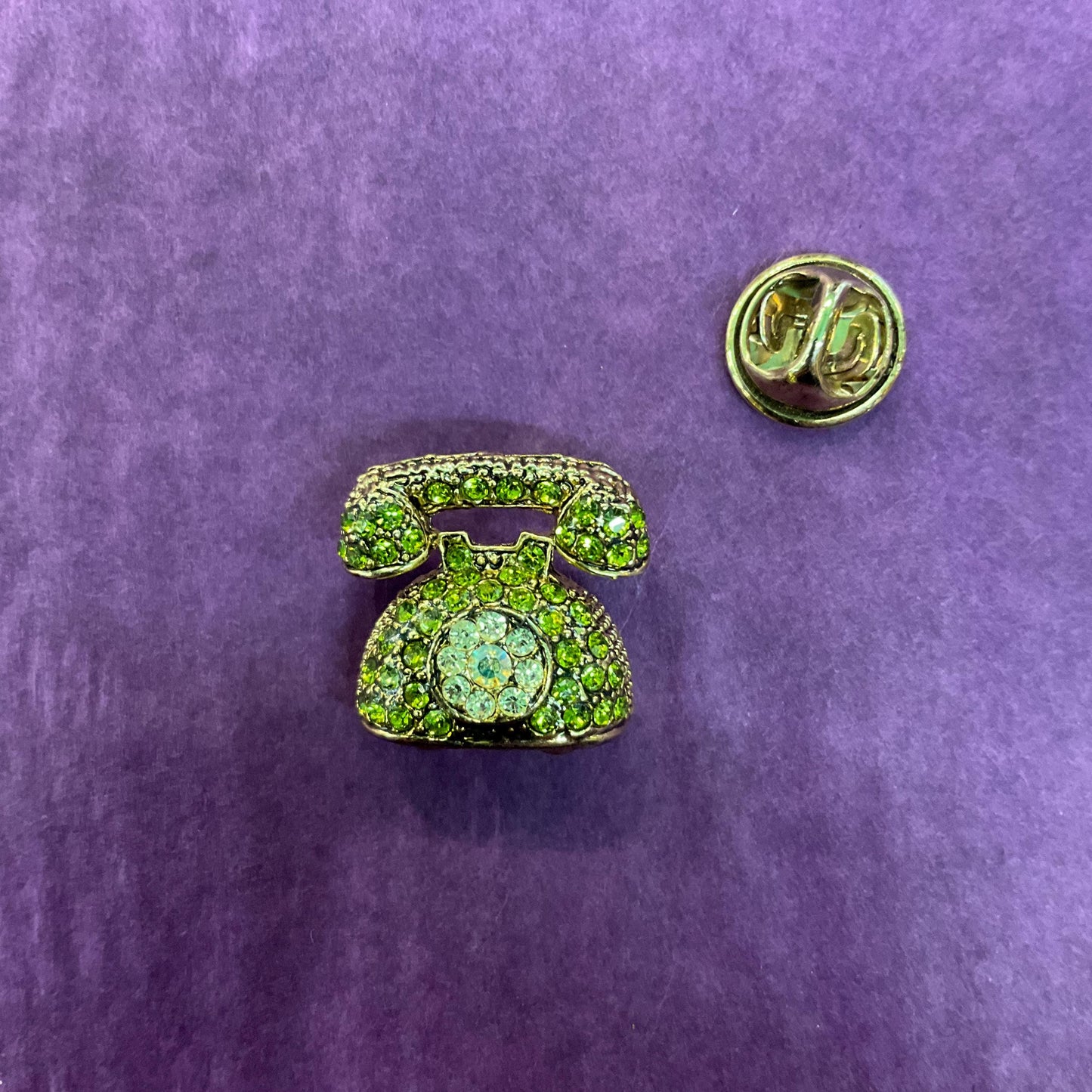 Vintage Butler and Wilson Green Crystal Telephone Lapel pin, Gold tone with silver and Green rhinestones