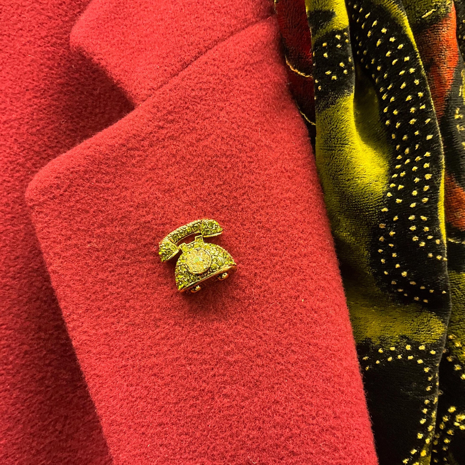 Vintage Butler and Wilson Green Crystal Telephone Lapel pin, Gold tone with silver and Green rhinestones