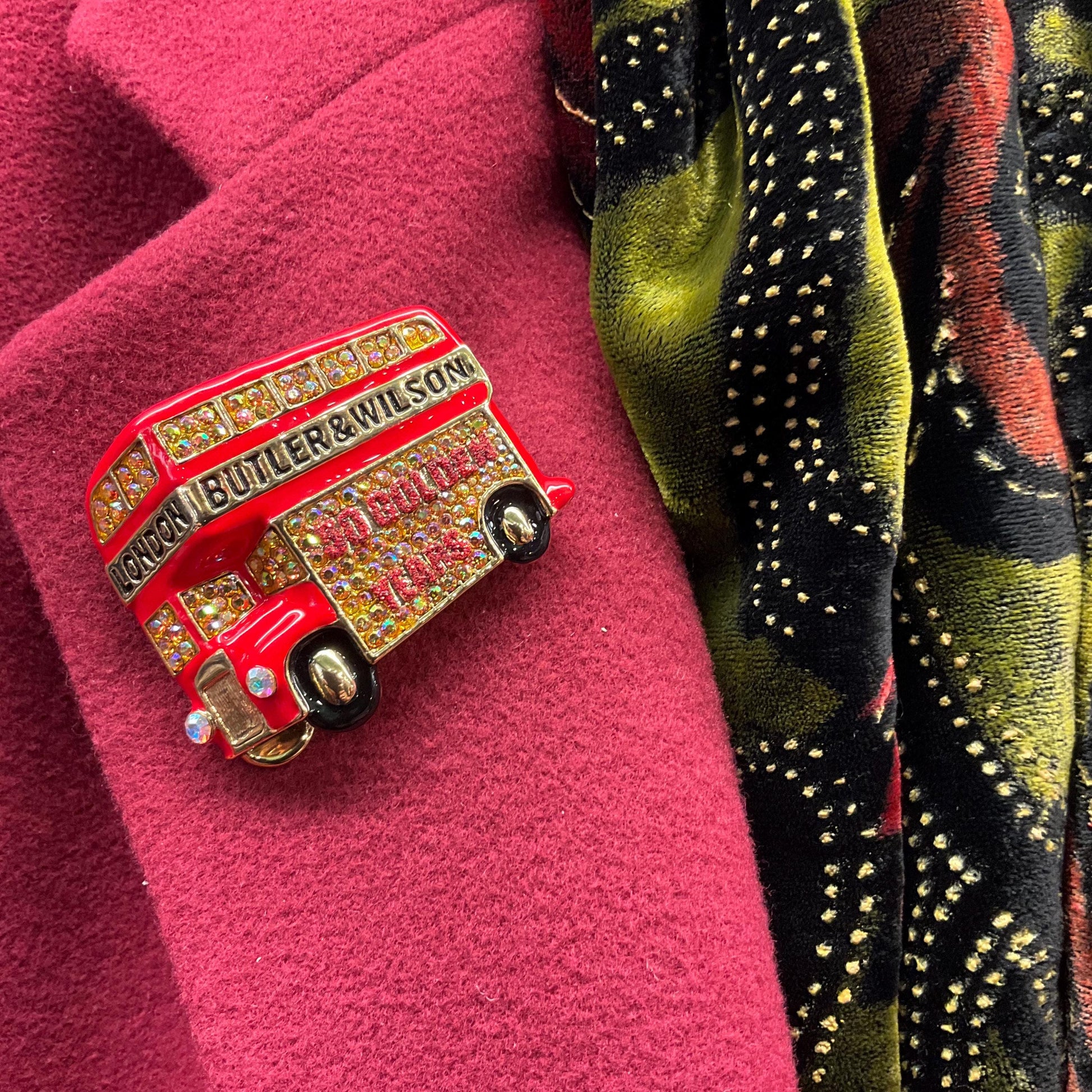 Vintage Butler and Wilson Large Crystal 50 Golden Years London Bus Brooch, Gold tone with enamel and Borealis gold & red rhinestones