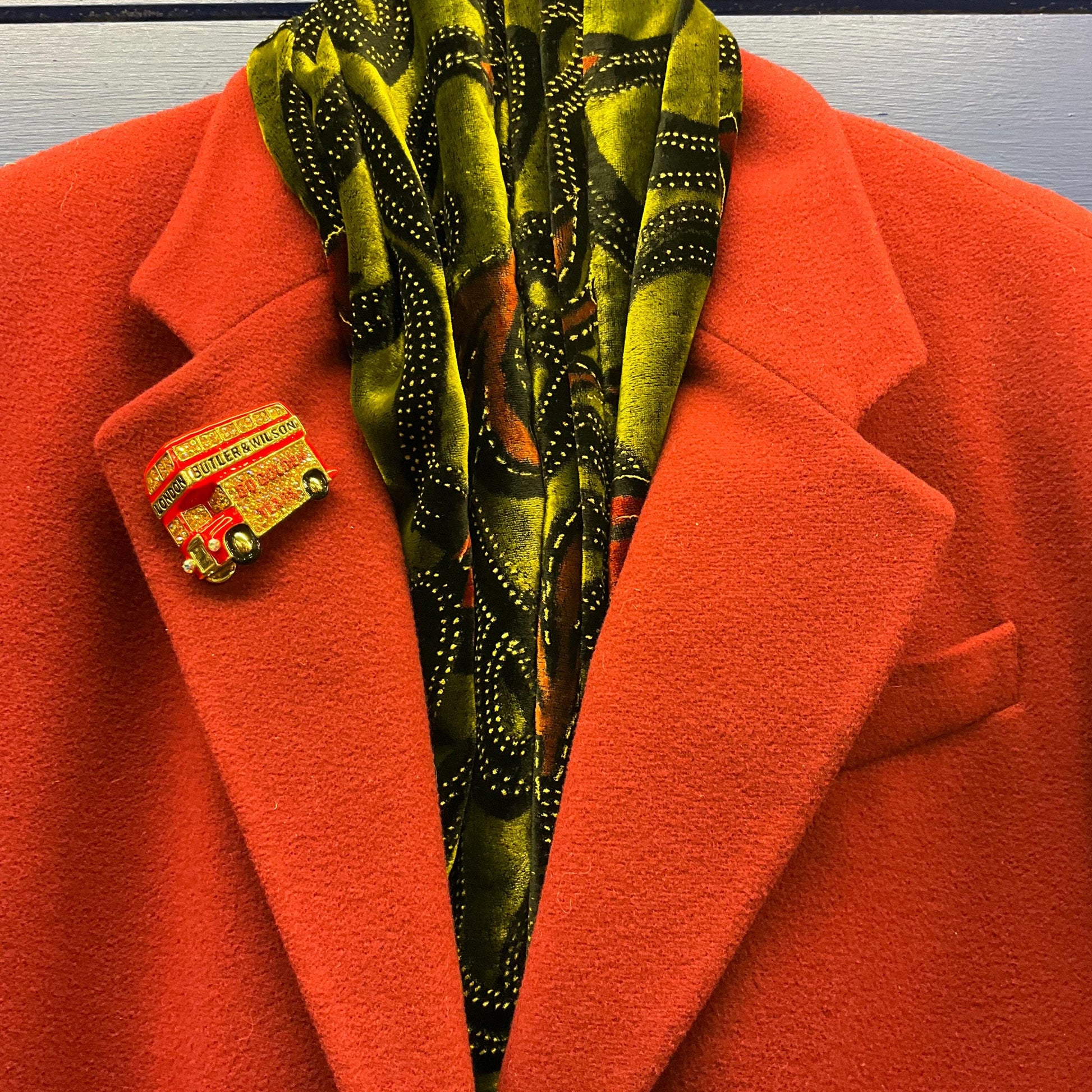 Vintage Butler and Wilson Large Crystal 50 Golden Years London Bus Brooch, Gold tone with enamel and Borealis gold & red rhinestones