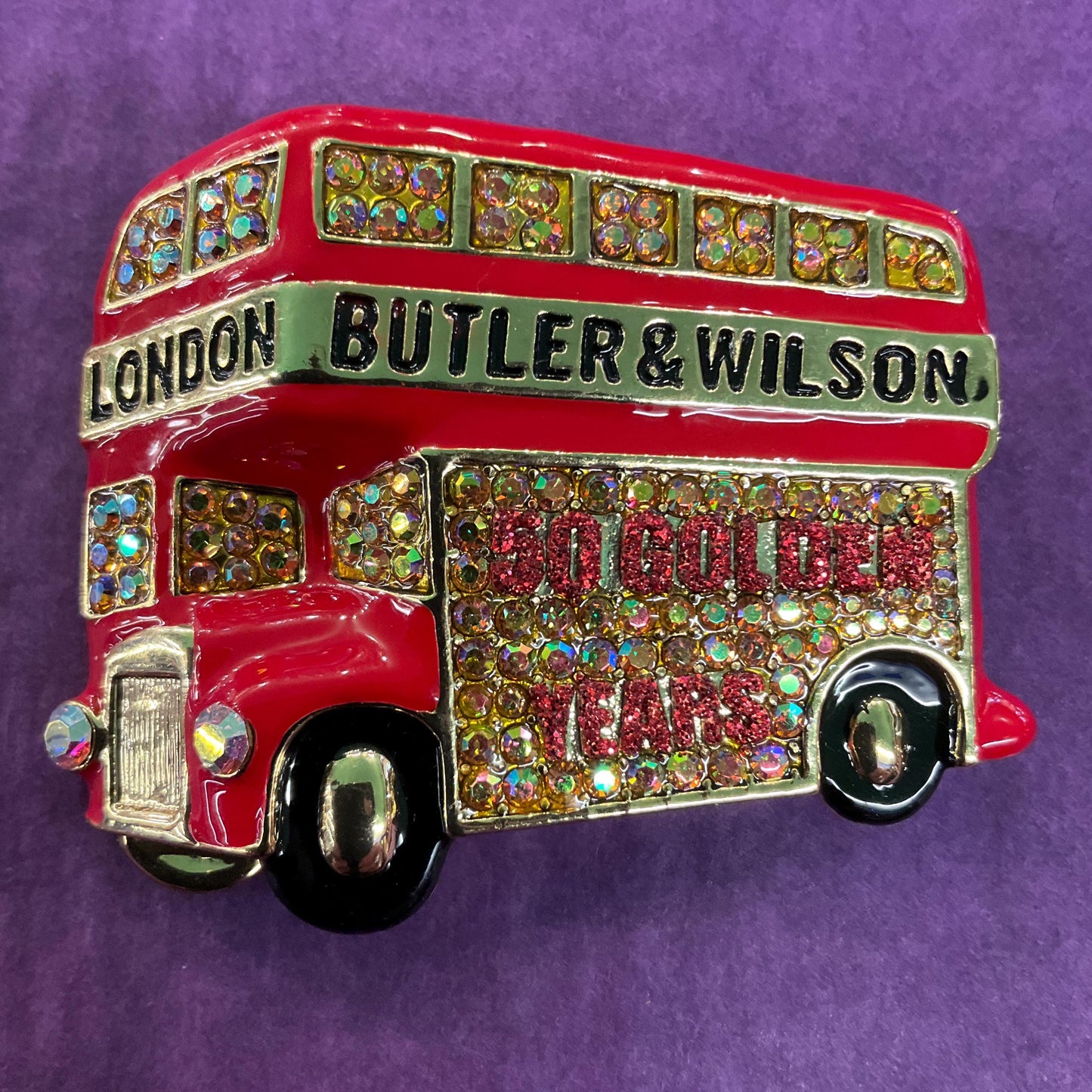 Vintage Butler and Wilson Large Crystal 50 Golden Years London Bus Brooch, Gold tone with enamel and Borealis gold & red rhinestones