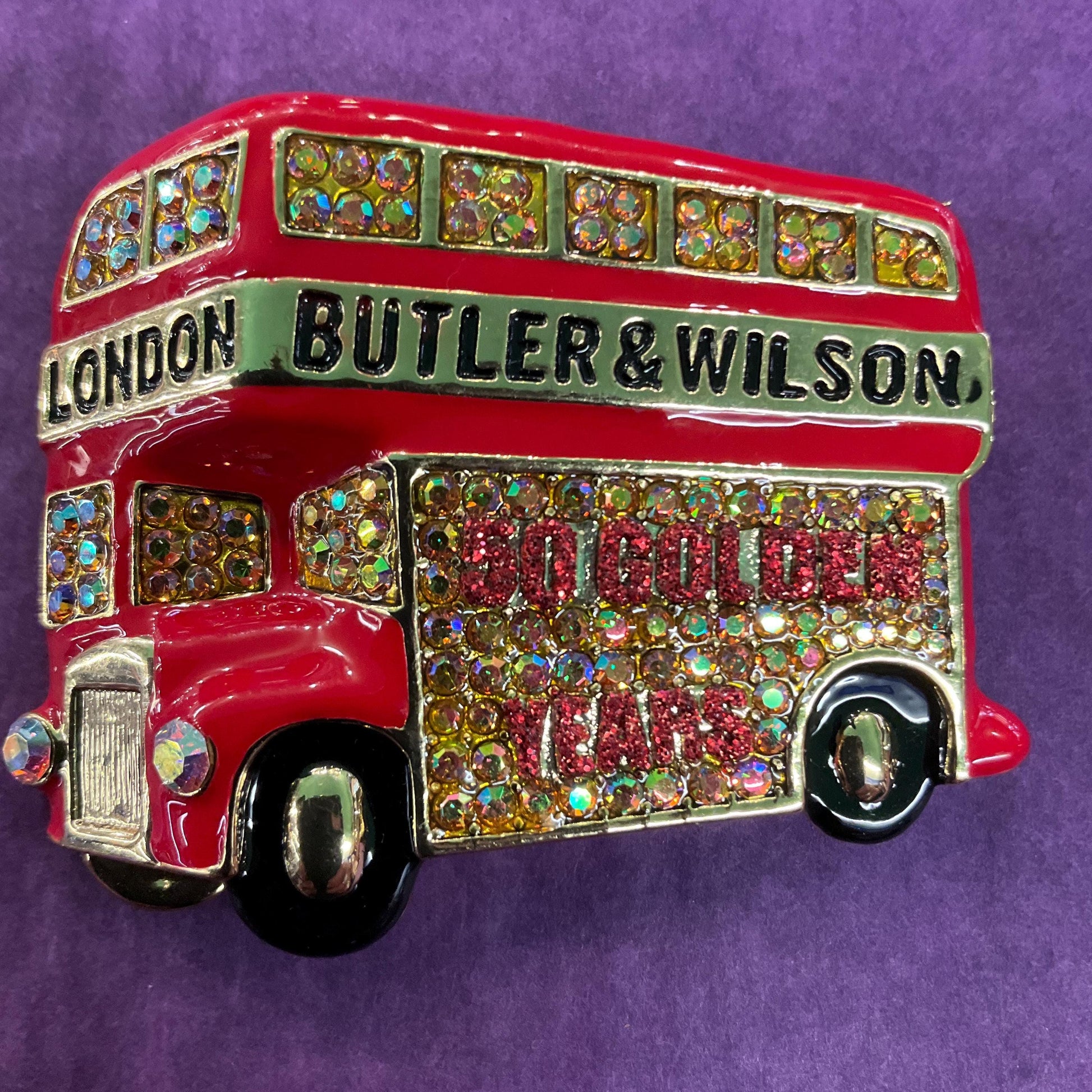 Vintage Butler and Wilson Large Crystal 50 Golden Years London Bus Brooch, Gold tone with enamel and Borealis gold & red rhinestones