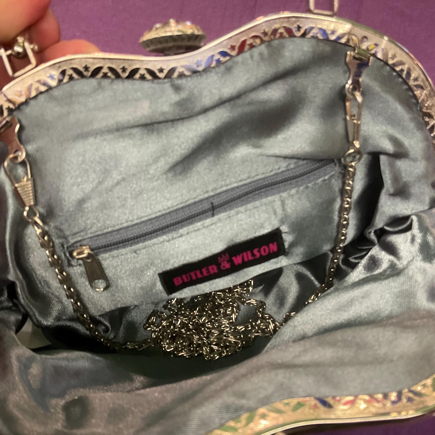 Vintage Butler and Wilson Pewter Satin Beaded Evening Bag with looped fringe, hand bag or shoulder