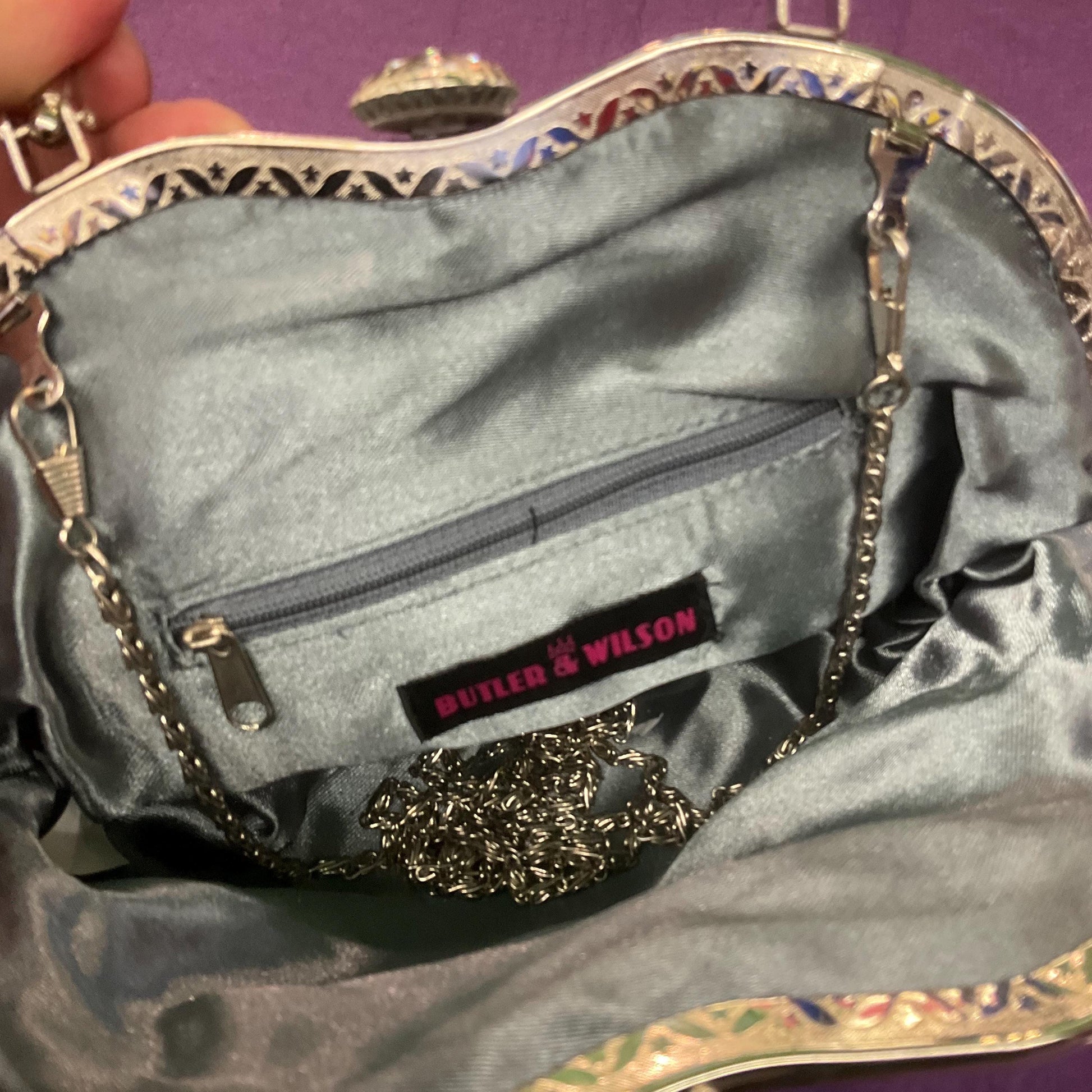 Vintage Butler and Wilson Pewter Satin Beaded Evening Bag with looped fringe, hand bag or shoulder