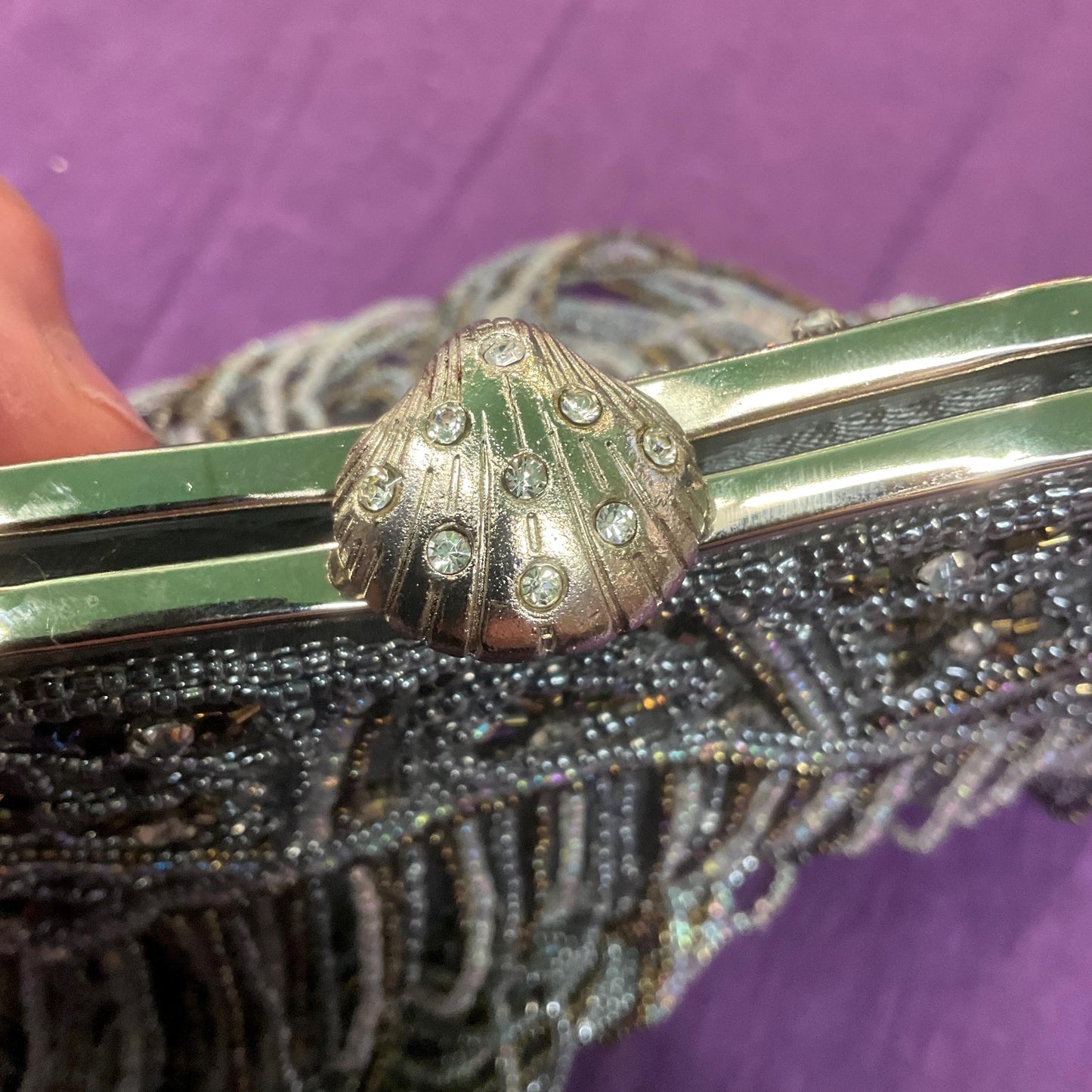 Vintage Butler and Wilson Pewter Satin Beaded Evening Bag with looped fringe, hand bag or shoulder