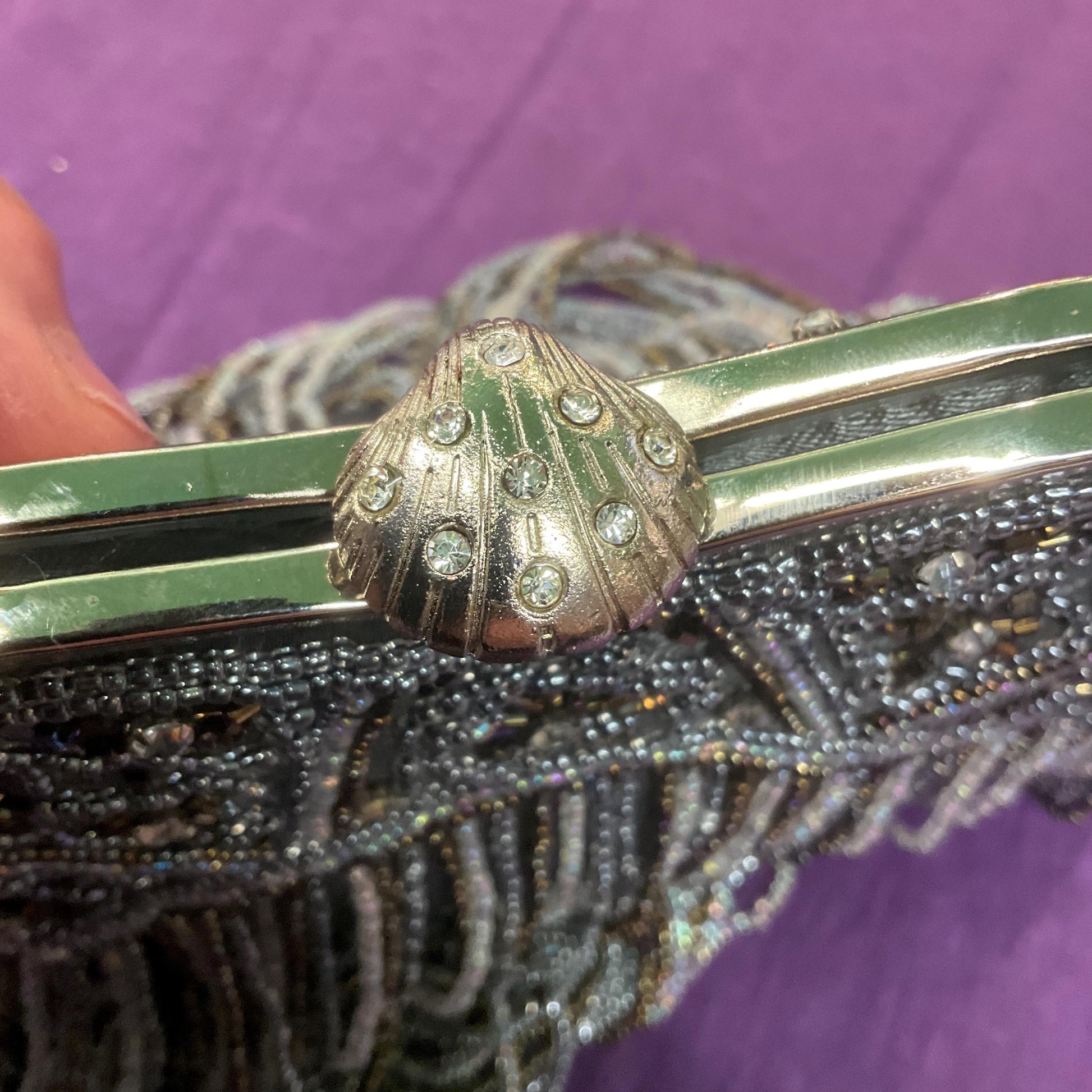 Vintage Butler and Wilson Pewter Satin Beaded Evening Bag with looped fringe, hand bag or shoulder