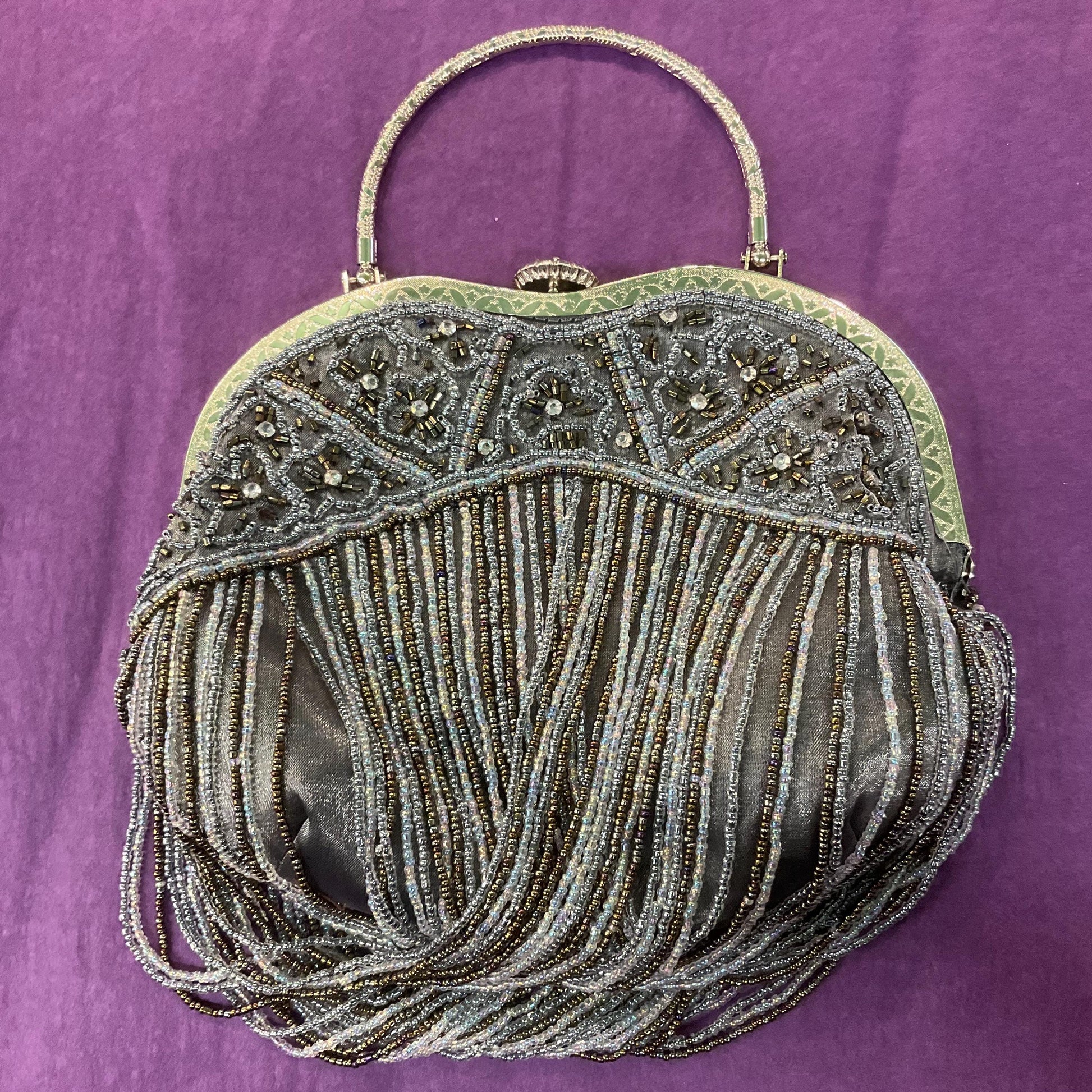 Vintage Butler and Wilson Pewter Satin Beaded Evening Bag with looped fringe, hand bag or shoulder