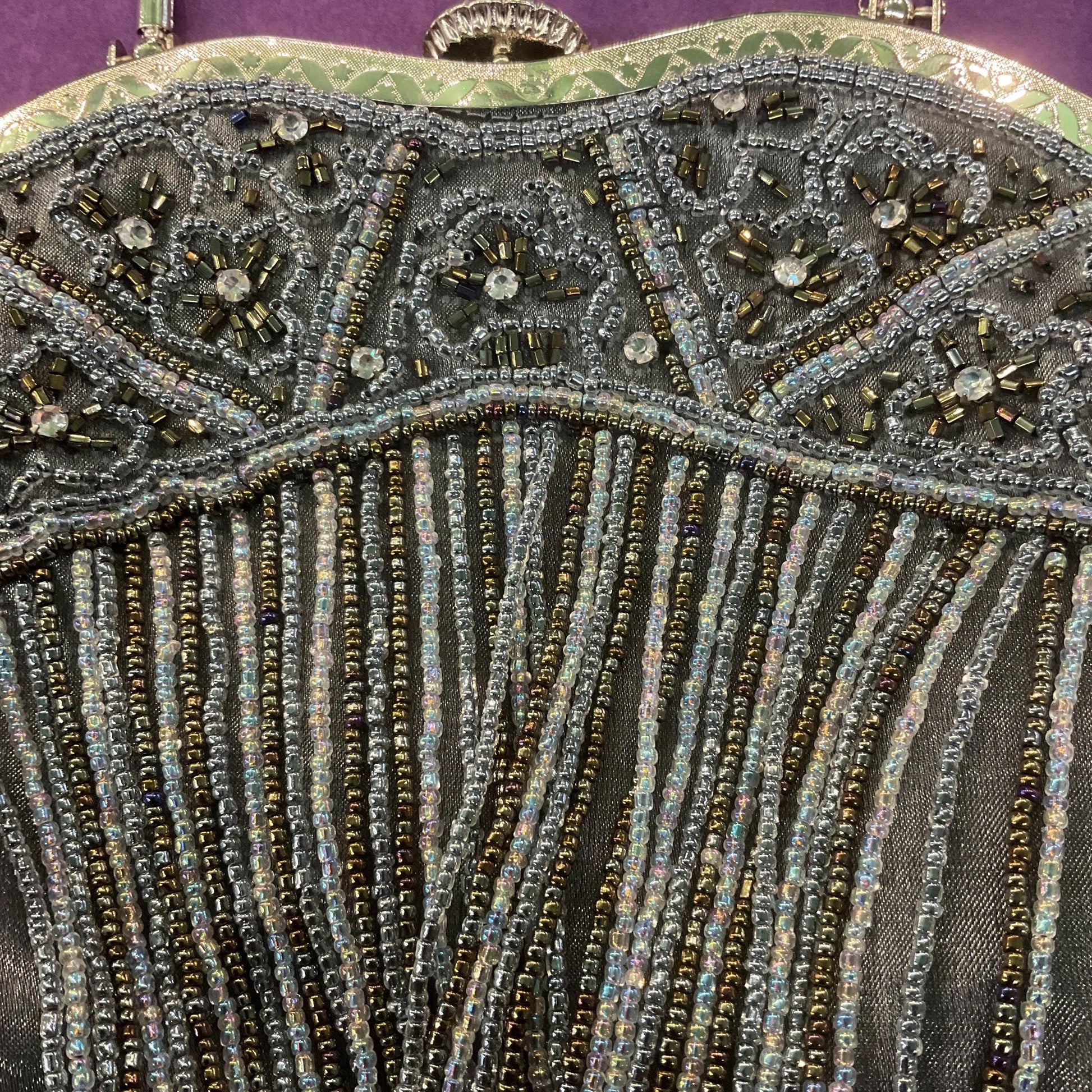 Vintage Butler and Wilson Pewter Satin Beaded Evening Bag with looped fringe, hand bag or shoulder