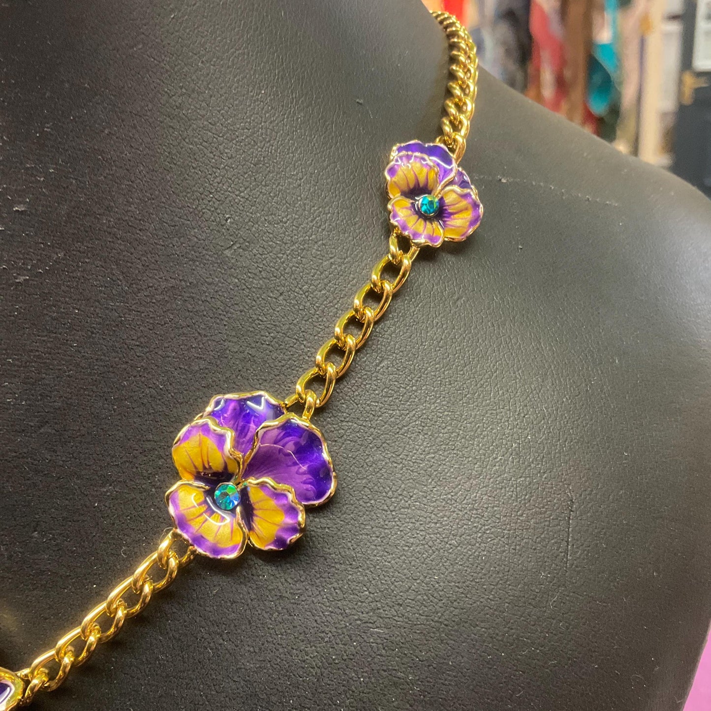 Vintage Butler and Wilson Enamel and Crystal Pansy Necklace, Gold tone with purple, yellow and turquoise crystal