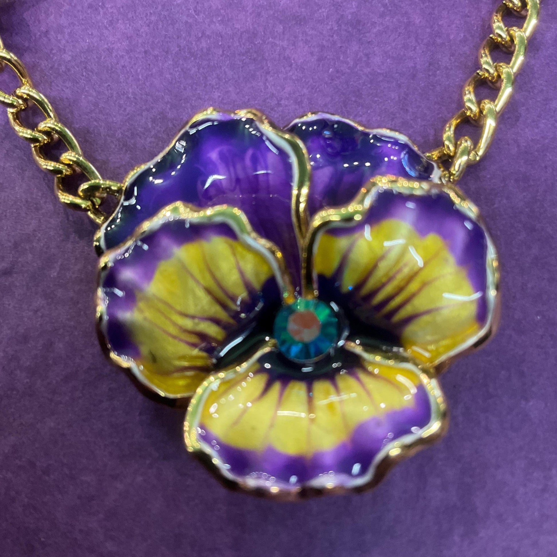 Vintage Butler and Wilson Enamel and Crystal Pansy Necklace, Gold tone with purple, yellow and turquoise crystal