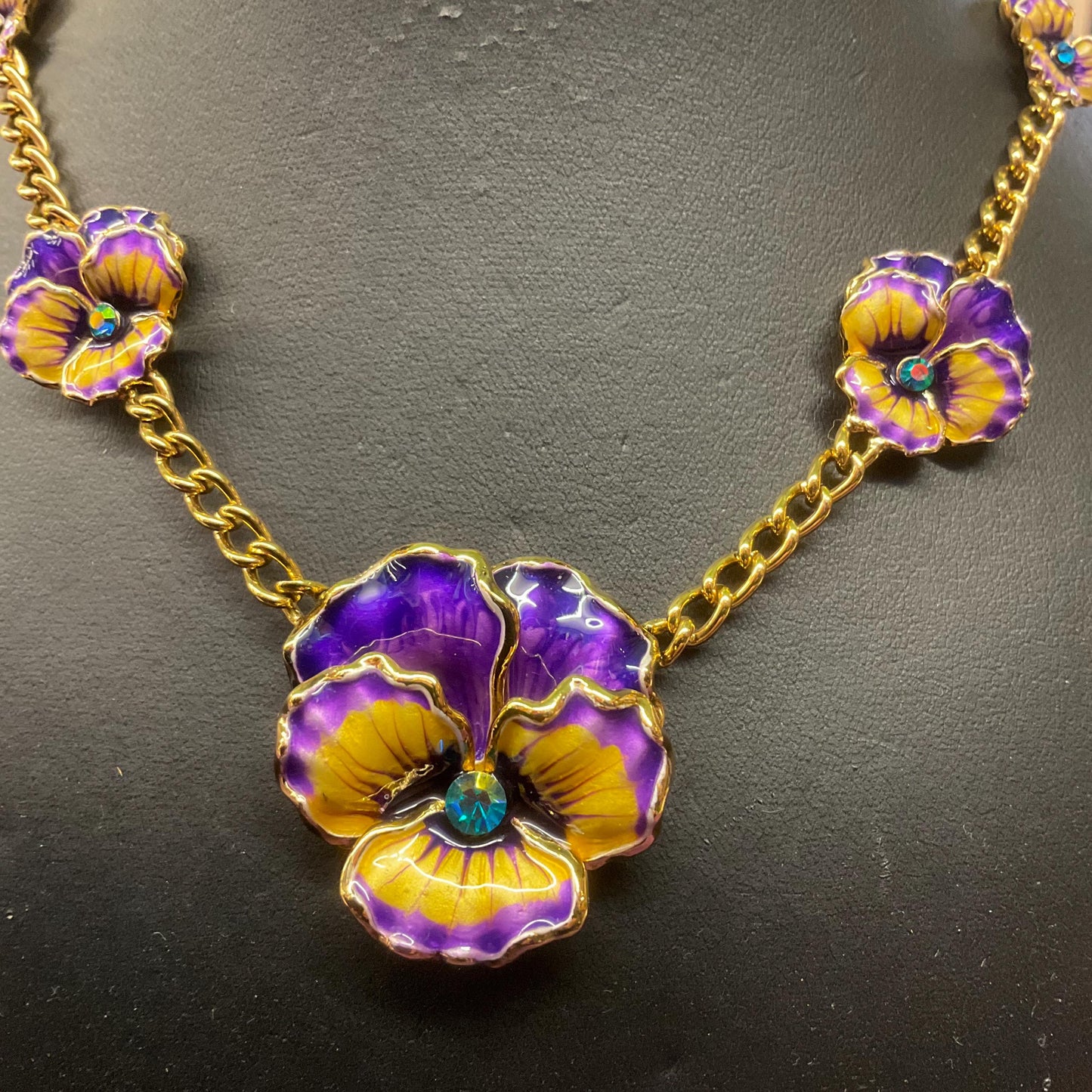 Vintage Butler and Wilson Enamel and Crystal Pansy Necklace, Gold tone with purple, yellow and turquoise crystal