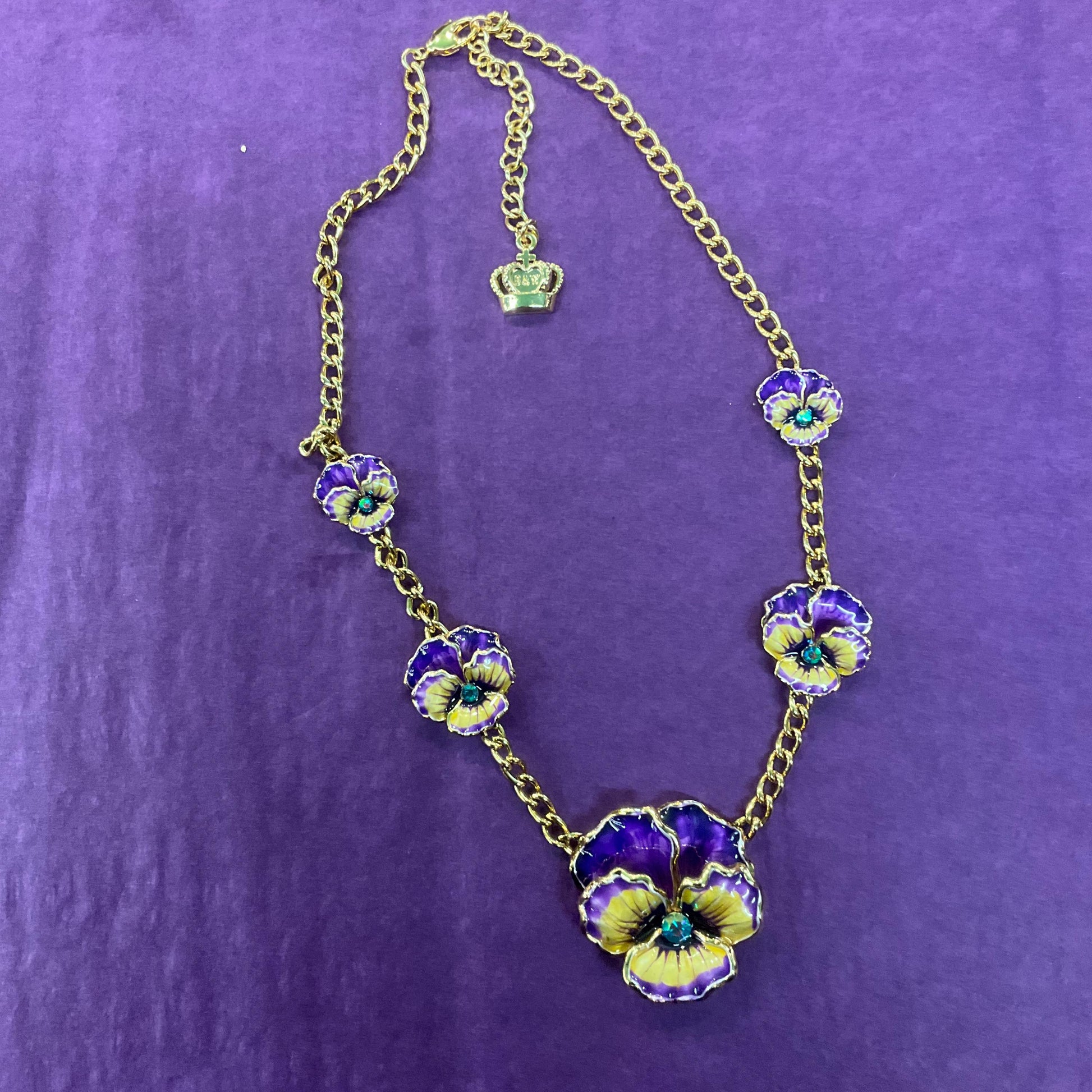 Vintage Butler and Wilson Enamel and Crystal Pansy Necklace, Gold tone with purple, yellow and turquoise crystal