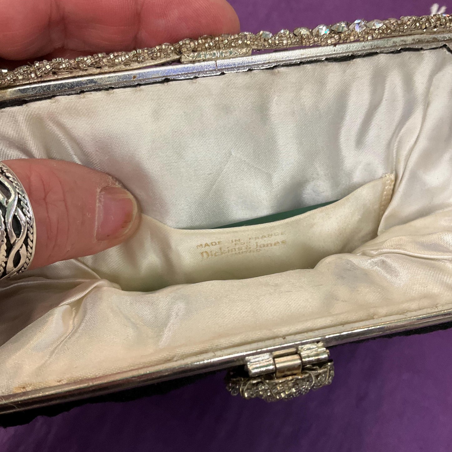 Vintage French Art Deco Black Silk Evening Bag by Dickens and Jones, Silver Crystal Clasp and beaded decoration