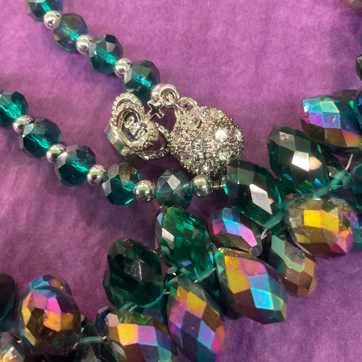 Vintage Butler and Wilson Jade Green Statement Crystal necklace, Faceted rainbow crystals, signed I original box.