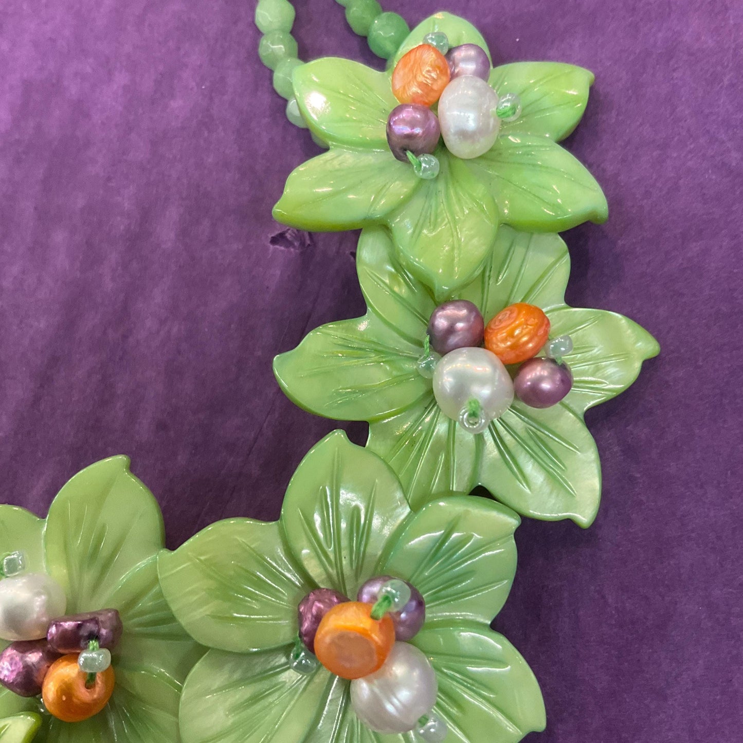 Vintage Butler and Wilson Green Flower Garland Fresh Water Pearl and Crystal Statement Necklace, Signed in original box