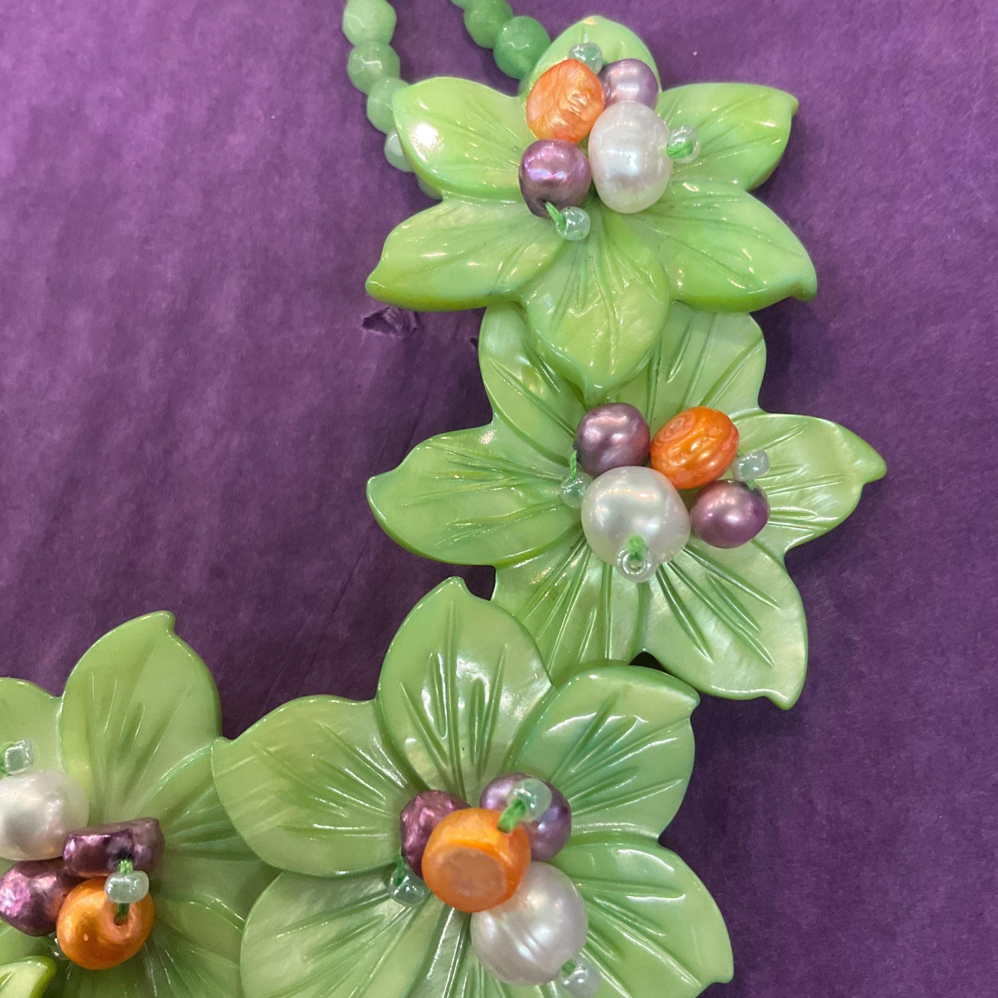 Vintage Butler and Wilson Green Flower Garland Fresh Water Pearl and Crystal Statement Necklace, Signed in original box