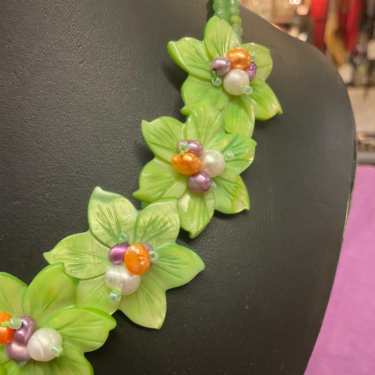 Vintage Butler and Wilson Green Flower Garland Fresh Water Pearl and Crystal Statement Necklace, Signed in original box