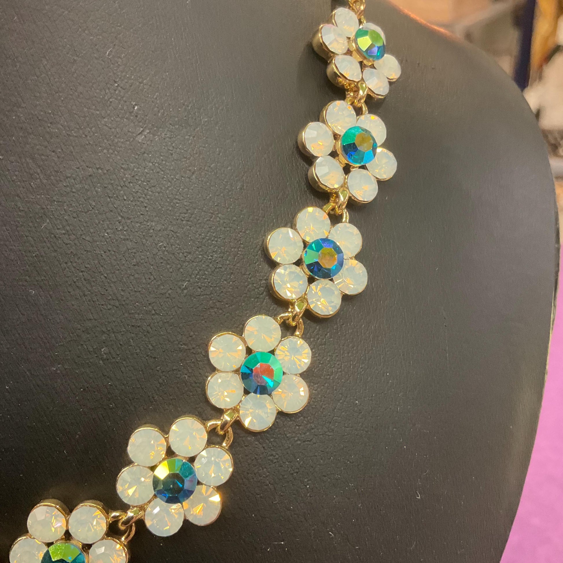 Vintage Butler and Wilson Opalite and Jade Borealis Crystal Daisy Necklace, Gold tone with Iridescent Crystals, Signed in original box