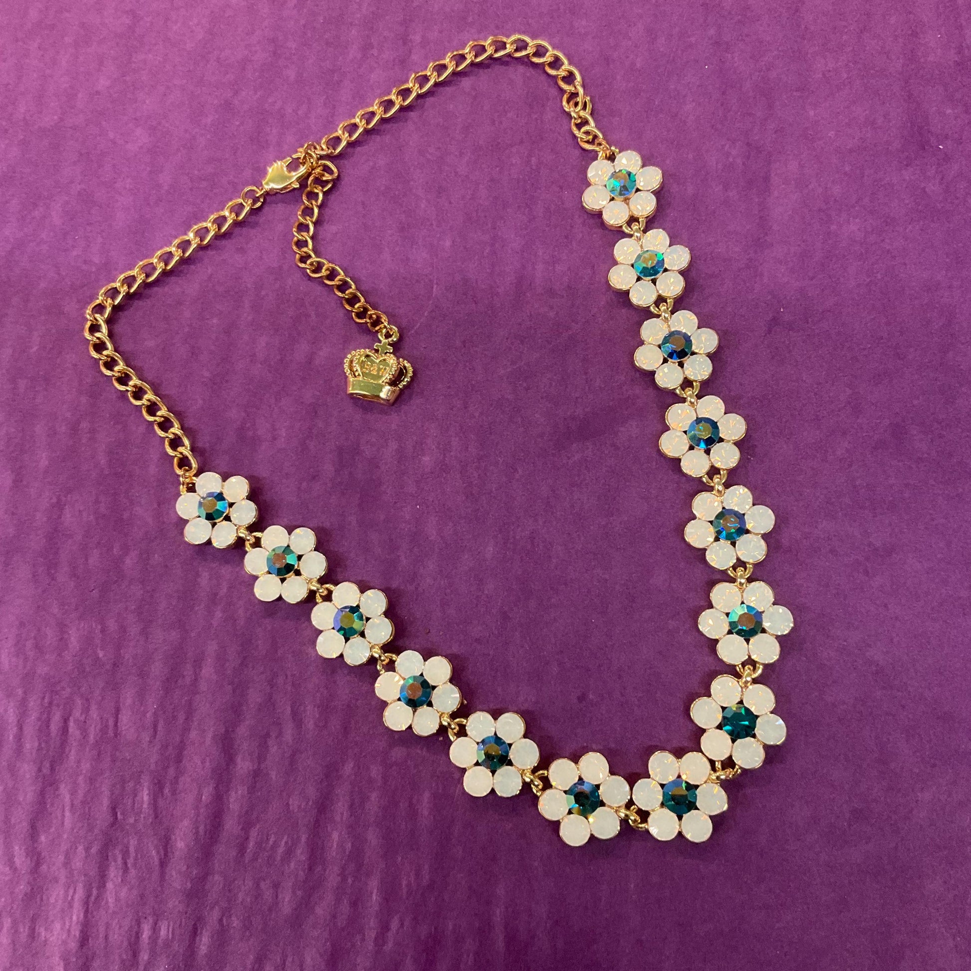 Vintage Butler and Wilson Opalite and Jade Borealis Crystal Daisy Necklace, Gold tone with Iridescent Crystals, Signed in original box