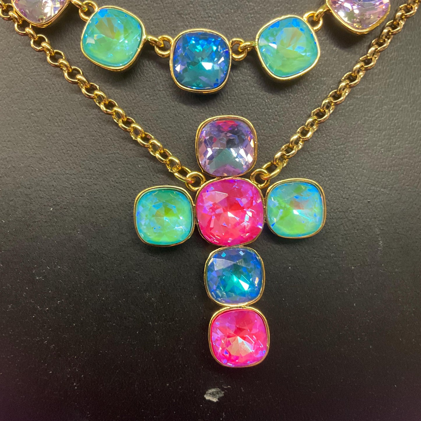 Vintage Butler and Wilson Borealis Crystal Double Strand Cross Necklace, Gold tone with Bright Pastel Faceted Crystals, Signed in box