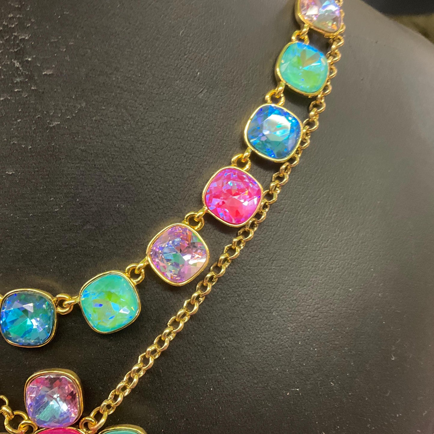 Vintage Butler and Wilson Borealis Crystal Double Strand Cross Necklace, Gold tone with Bright Pastel Faceted Crystals, Signed in box