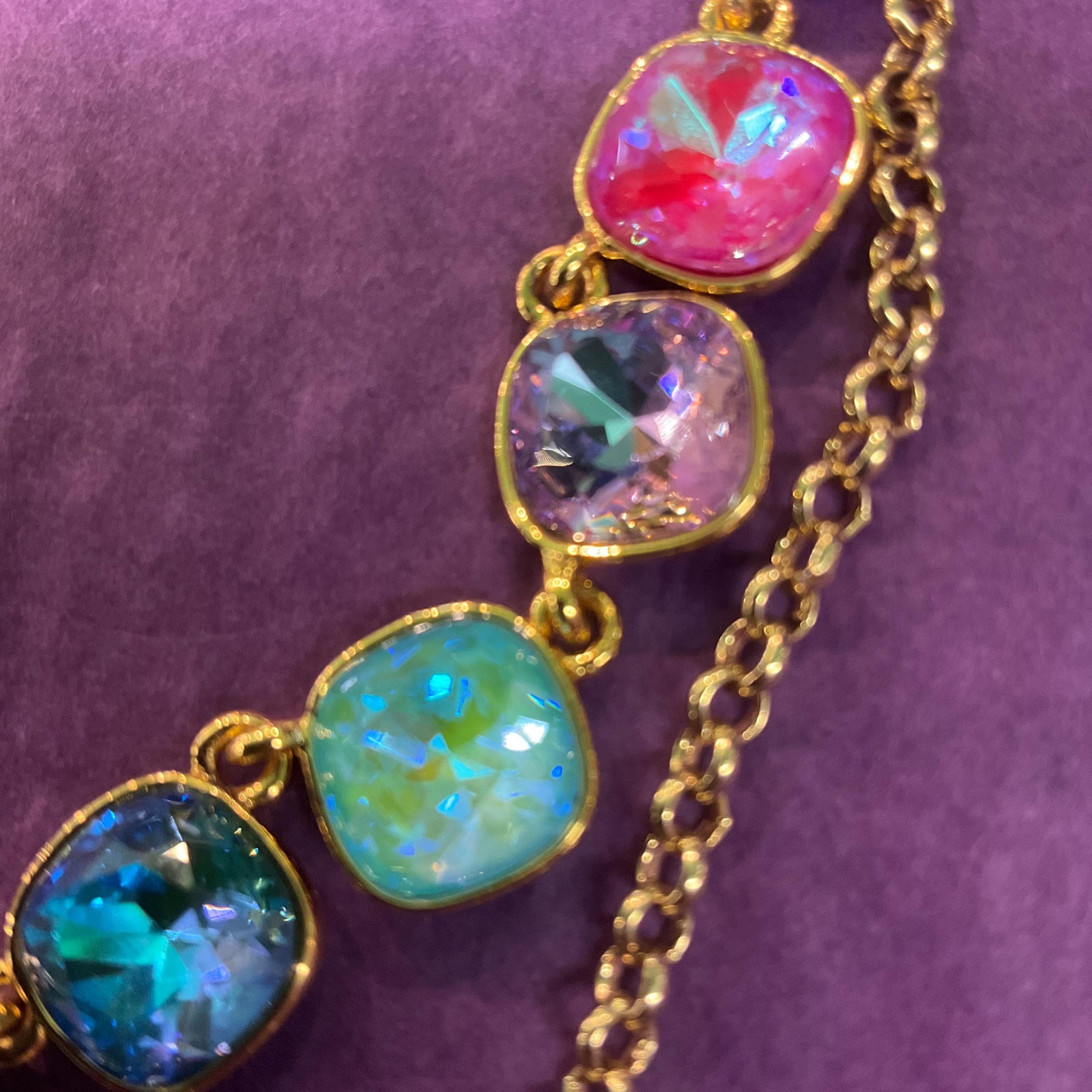 Vintage Butler and Wilson Borealis Crystal Double Strand Cross Necklace, Gold tone with Bright Pastel Faceted Crystals, Signed in box