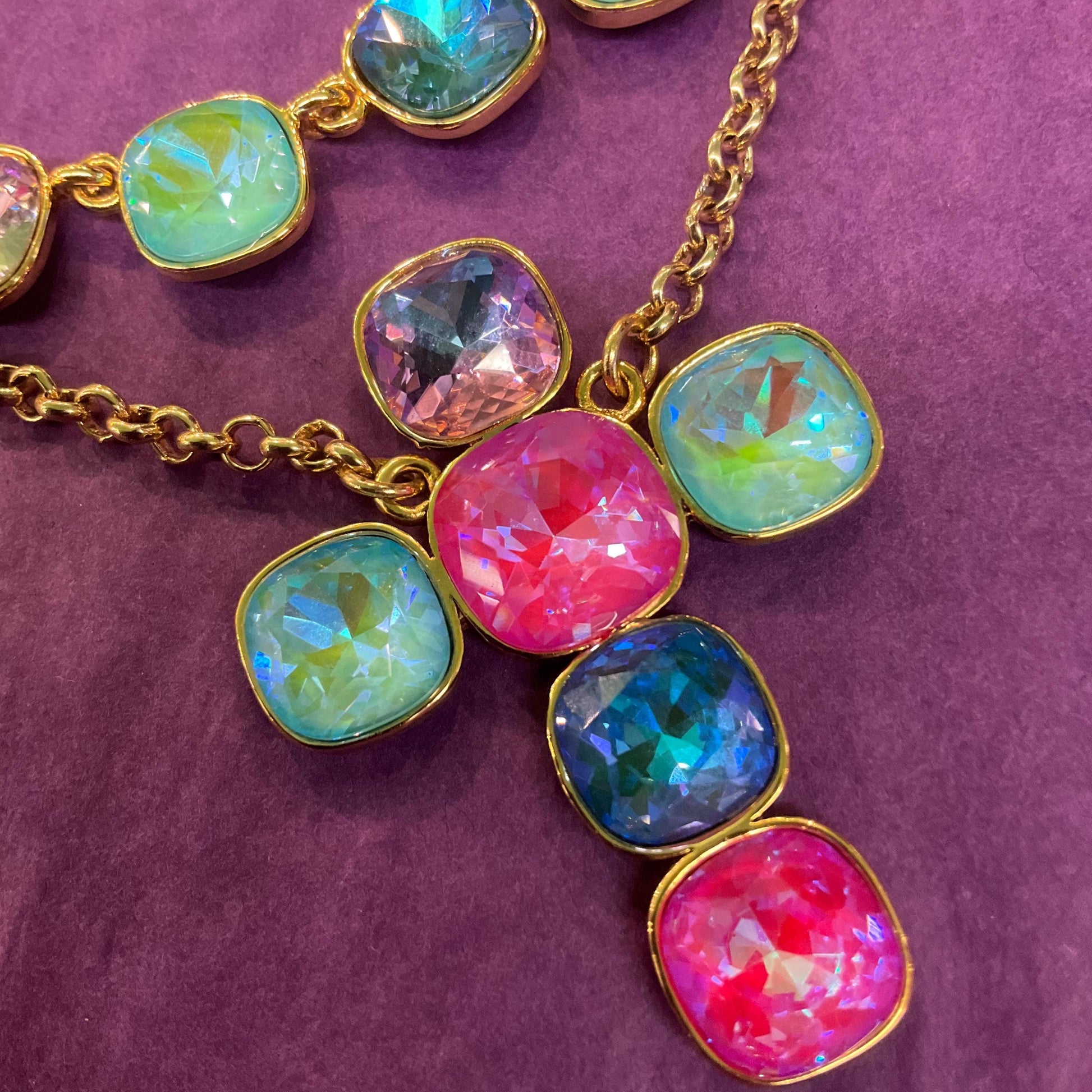 Vintage Butler and Wilson Borealis Crystal Double Strand Cross Necklace, Gold tone with Bright Pastel Faceted Crystals, Signed in box