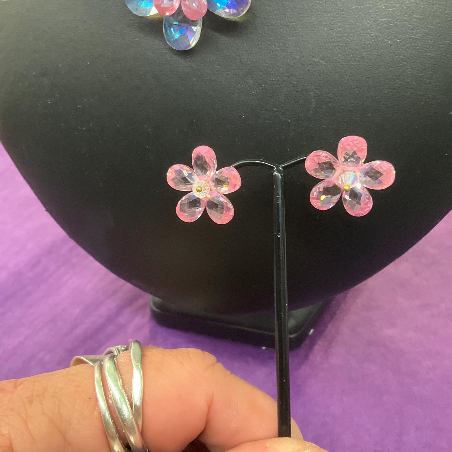 Vintage Butler and wilson Crystal Pale Pink Flower Garland Neckace and Stud Earring Set, sparkling Borealis rainbow crystal