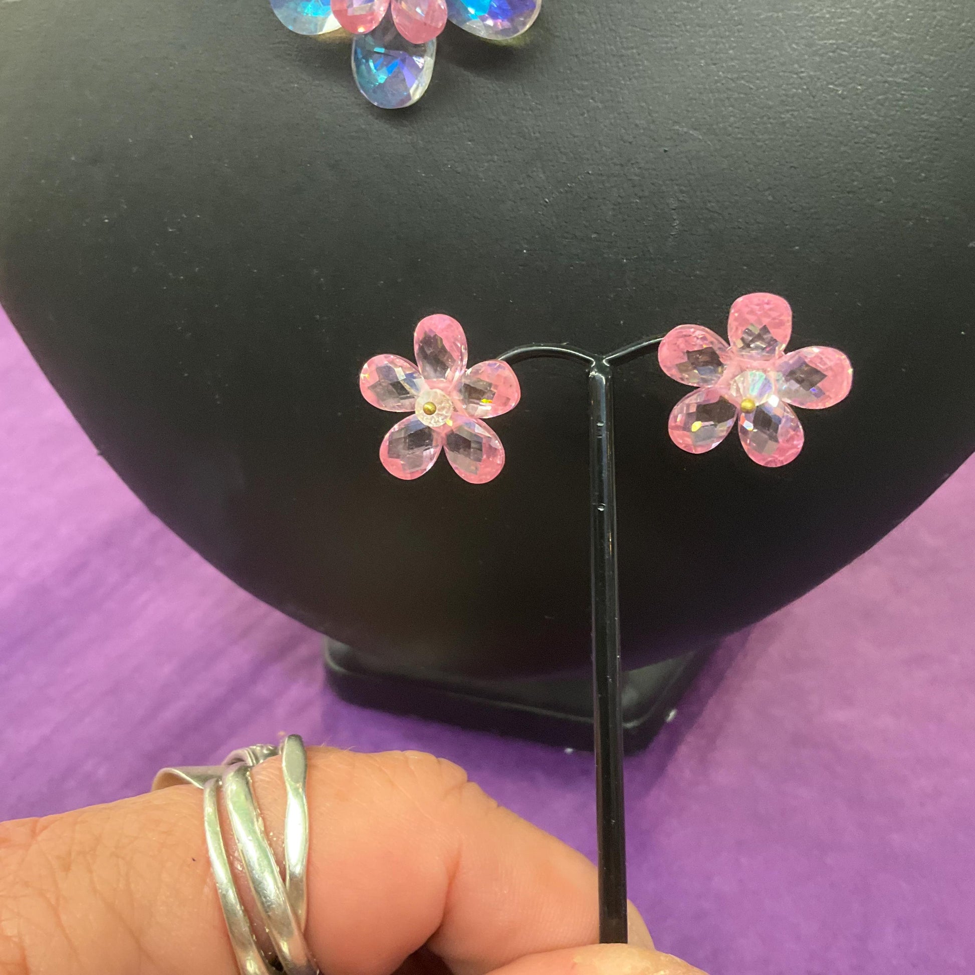 Vintage Butler and wilson Crystal Pale Pink Flower Garland Neckace and Stud Earring Set, sparkling Borealis rainbow crystal