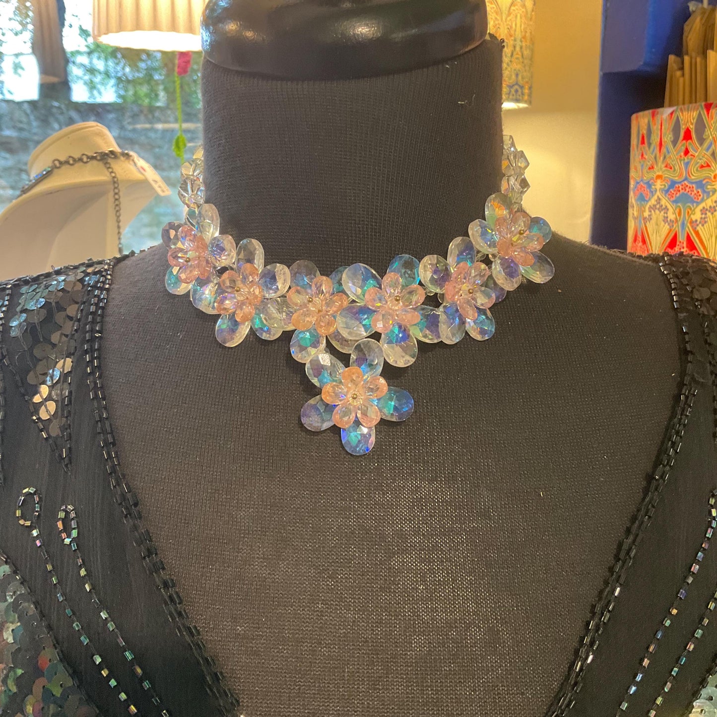 Vintage Butler and wilson Crystal Pale Pink Flower Garland Neckace and Stud Earring Set, sparkling Borealis rainbow crystal