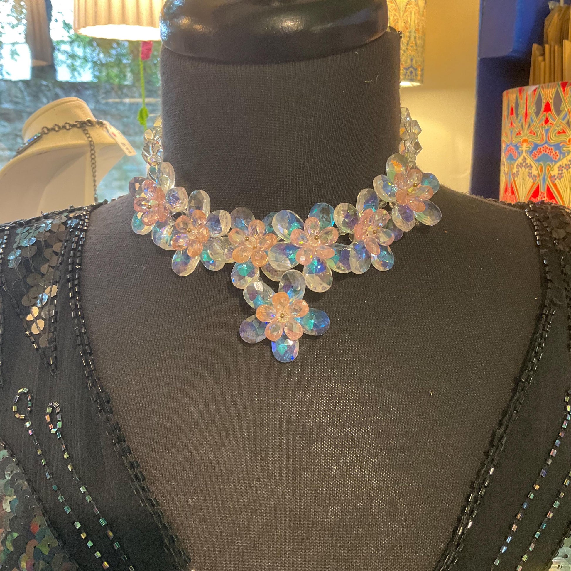 Vintage Butler and wilson Crystal Pale Pink Flower Garland Neckace and Stud Earring Set, sparkling Borealis rainbow crystal