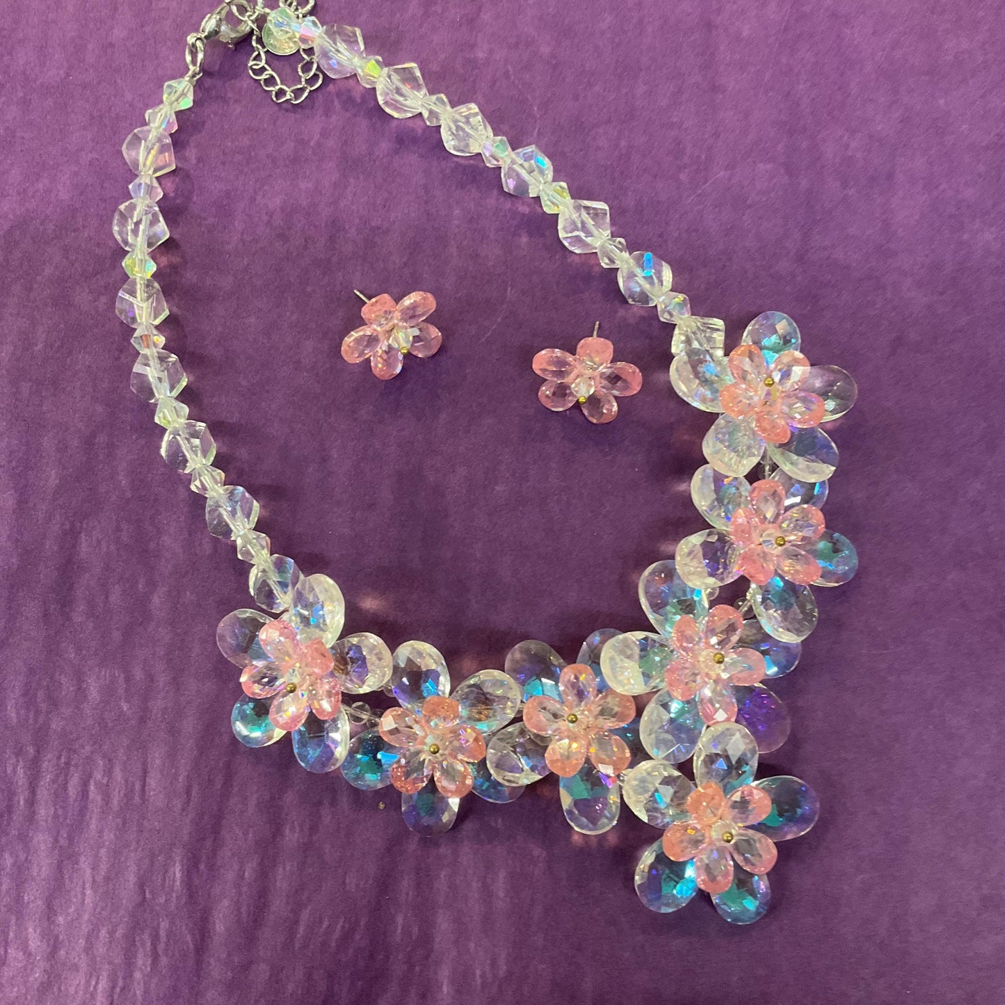 Vintage Butler and wilson Crystal Pale Pink Flower Garland Neckace and Stud Earring Set, sparkling Borealis rainbow crystal