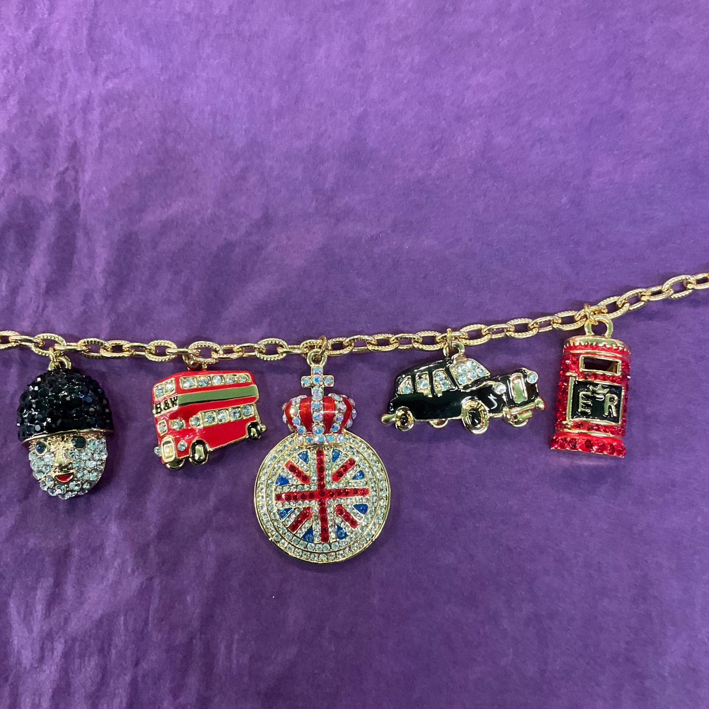 Vintage Butler and Wilson Crystal London Icons Charm Bracelet, Gold tone with enamel and multicoloured rhinestones, signed