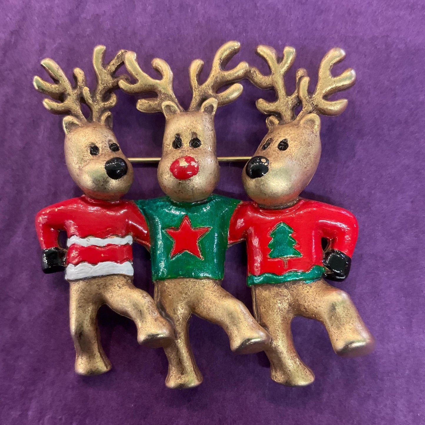 Vintage Butler and Wilson Large Dancing Rheindeer Christmas Brooch, Gold tone with Enamel Christmas Jumpers