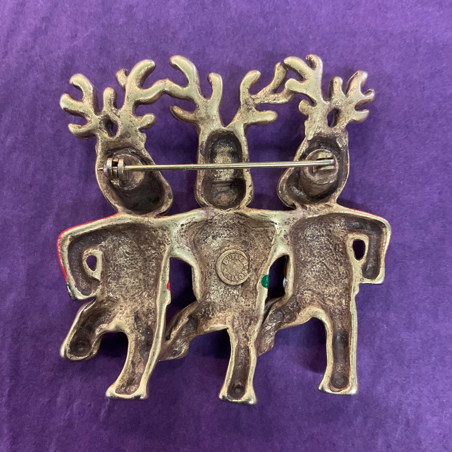 Vintage Butler and Wilson Large Dancing Rheindeer Christmas Brooch, Gold tone with Enamel Christmas Jumpers