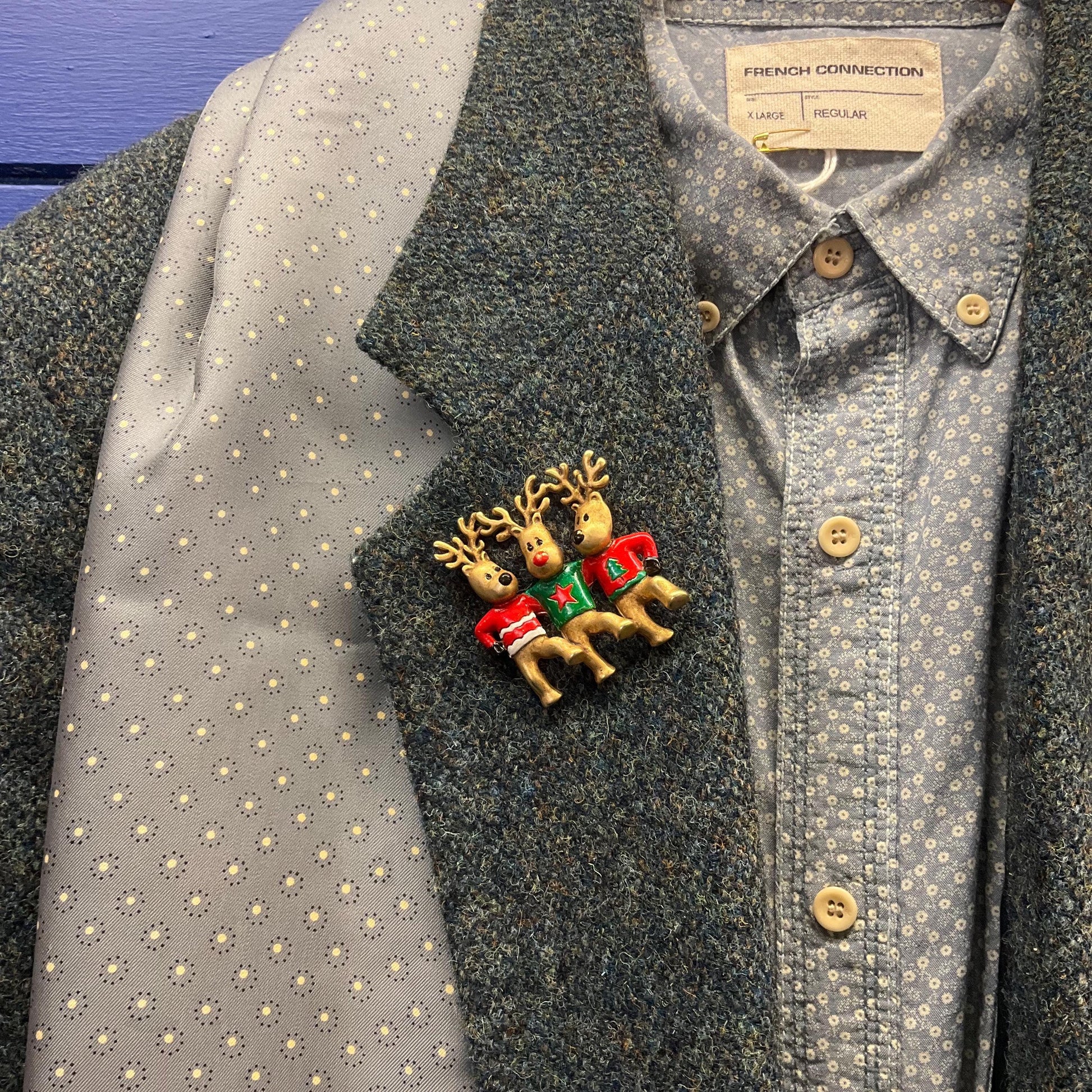 Vintage Butler and Wilson Large Dancing Rheindeer Christmas Brooch, Gold tone with Enamel Christmas Jumpers