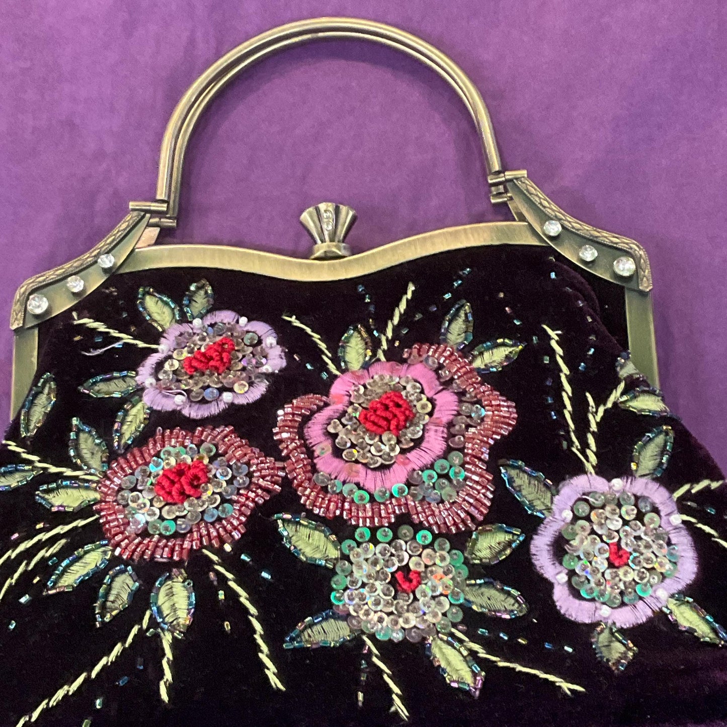 Vintage VENDULA Purple Velvet Embellished Evening Bag, Flower Embroidery with multicoloured sequins and Beads