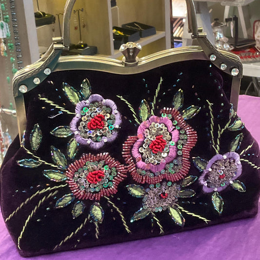 Vintage VENDULA Purple Velvet Embellished Evening Bag, Flower Embroidery with multicoloured sequins and Beads