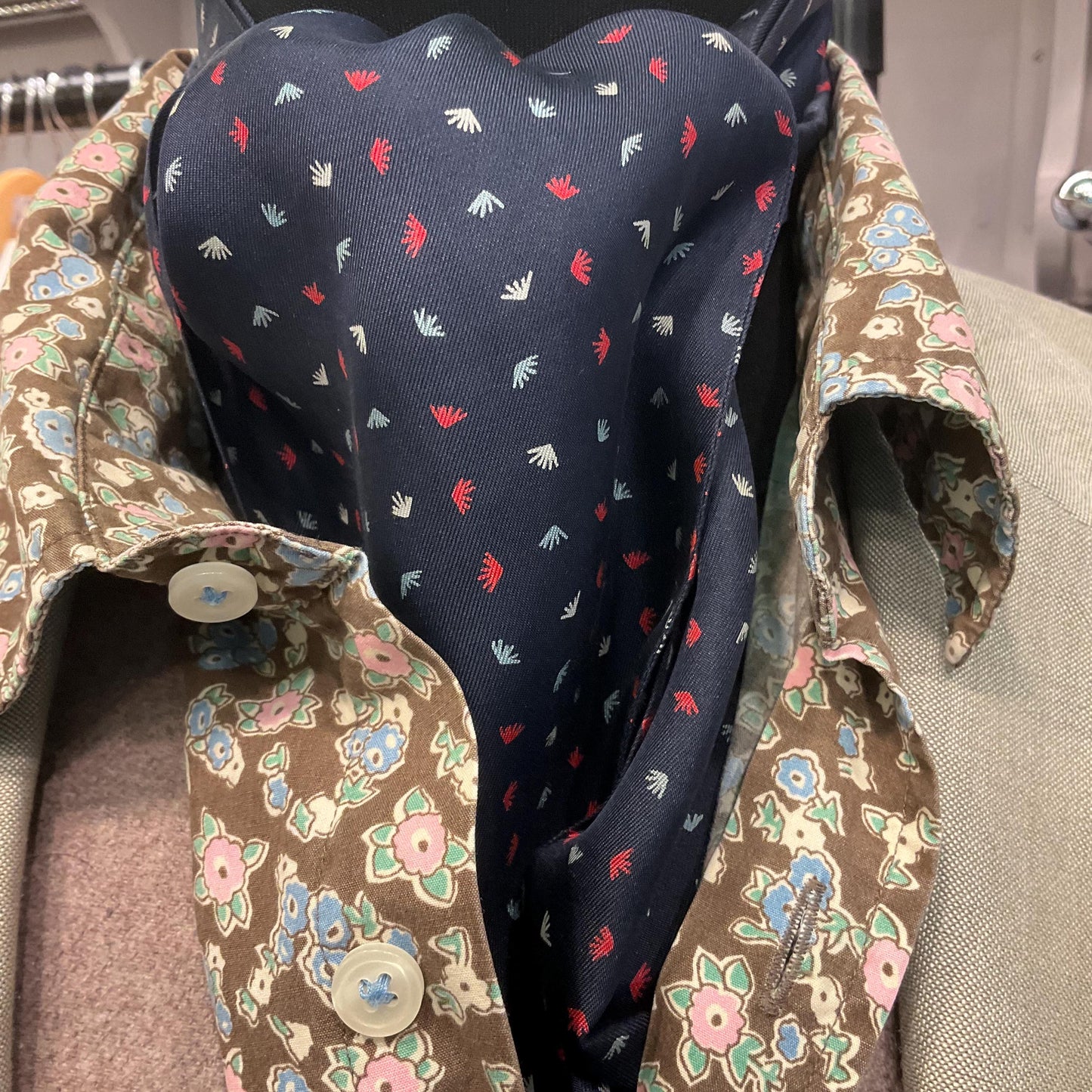 Vintage Gents Pure Silk Cravat by Liberty, Navy, Silver and Red ditsy print, vintage wedding, gifts for him